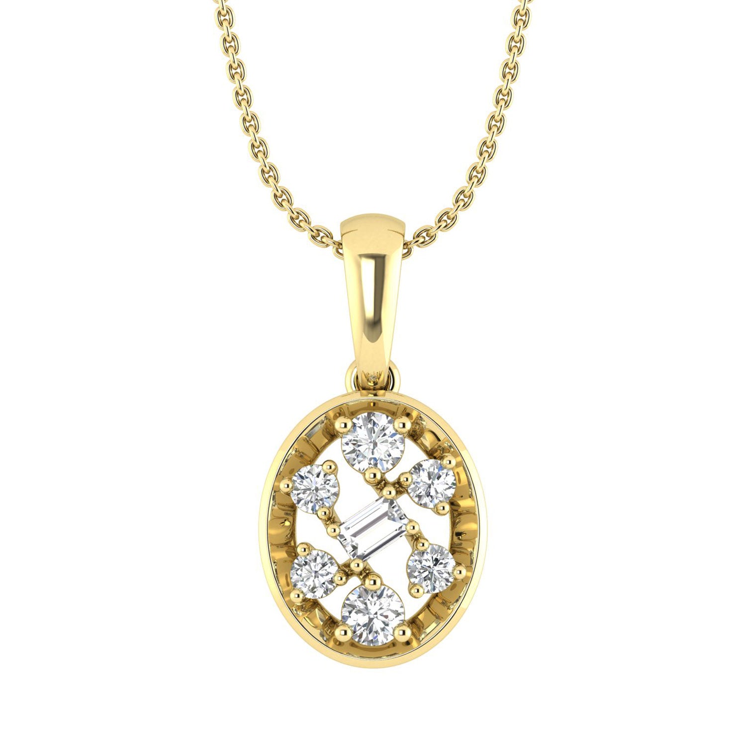 LADIES PENDANT WITH CHAIN 0.20CT ROUND/BAGUETTE DIAMOND 10K YELLOW GOLD