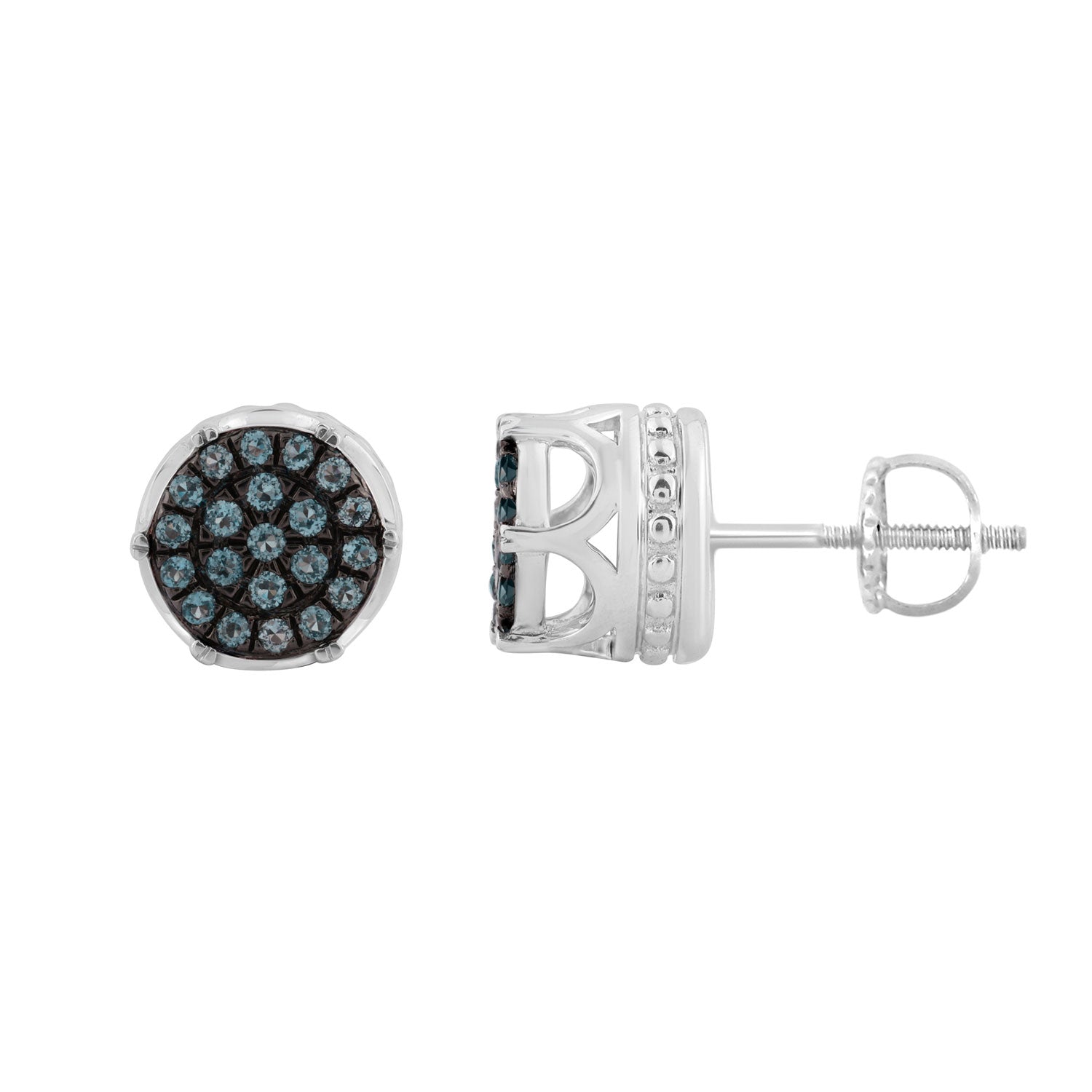Elegant 0.16Ct Round & Blue Diamond Men’S Earring In Sterling Silver Cluster Design Statement Stud
