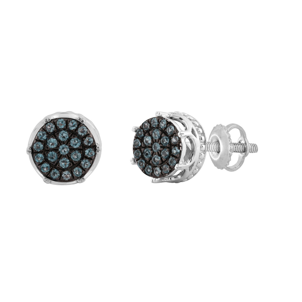 Elegant 0.16Ct Round & Blue Diamond Men’S Earring In Sterling Silver Cluster Design Statement Stud