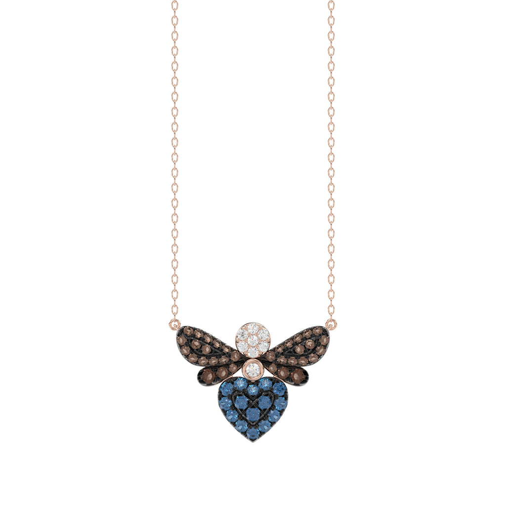 14K Rose Gold Ladies Butterfly Pendant With Colorful Diamond Accents In Blue, Dark Brown, And Round Cuts. A Stylish 0.33 Ct Jewelry Necklace With Chai