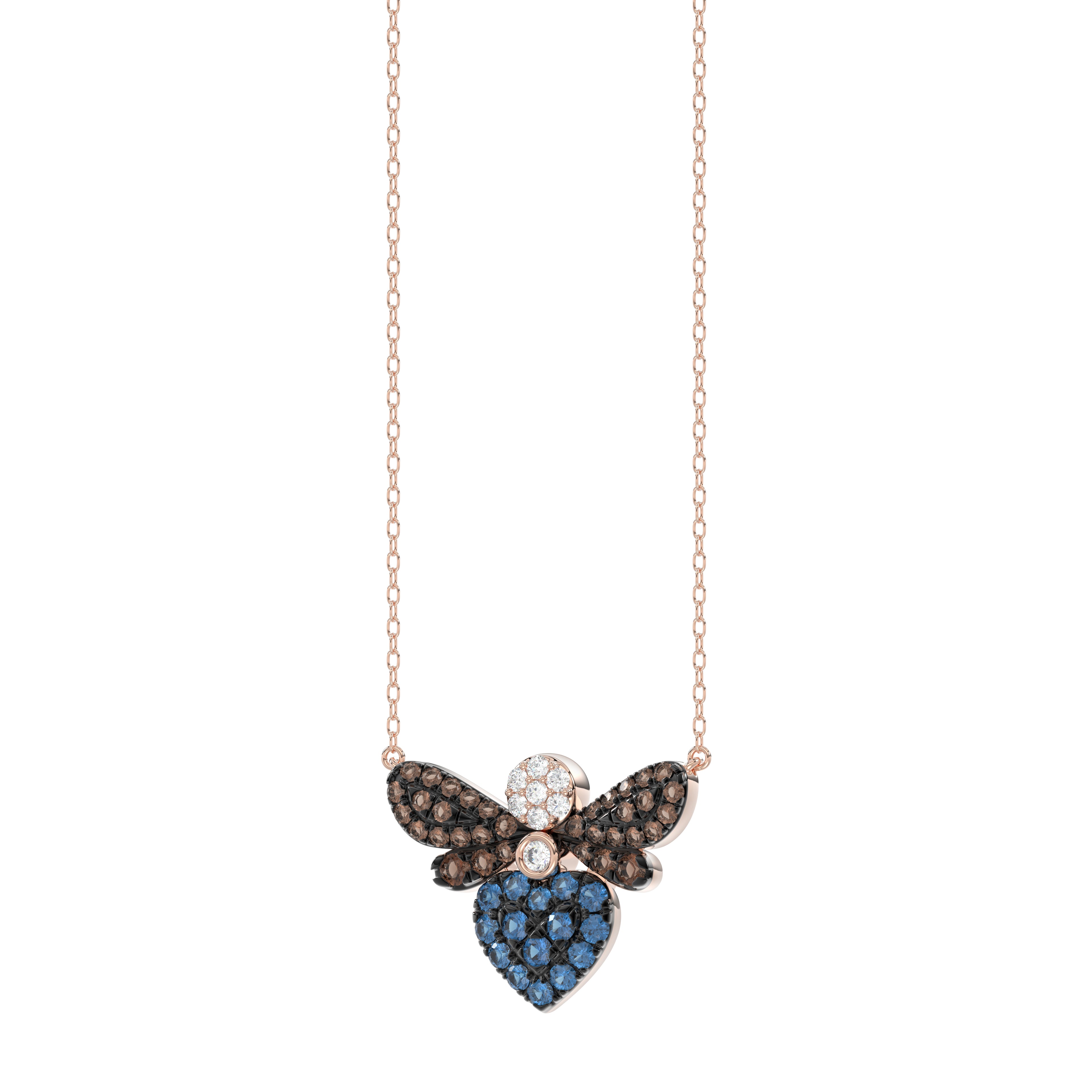 14K Rose Gold Ladies Butterfly Necklace With Colorful Diamond Accents In Blue, Dark Brown, And Round Cuts. A Stylish 0.33 Ct Jewelry Necklace