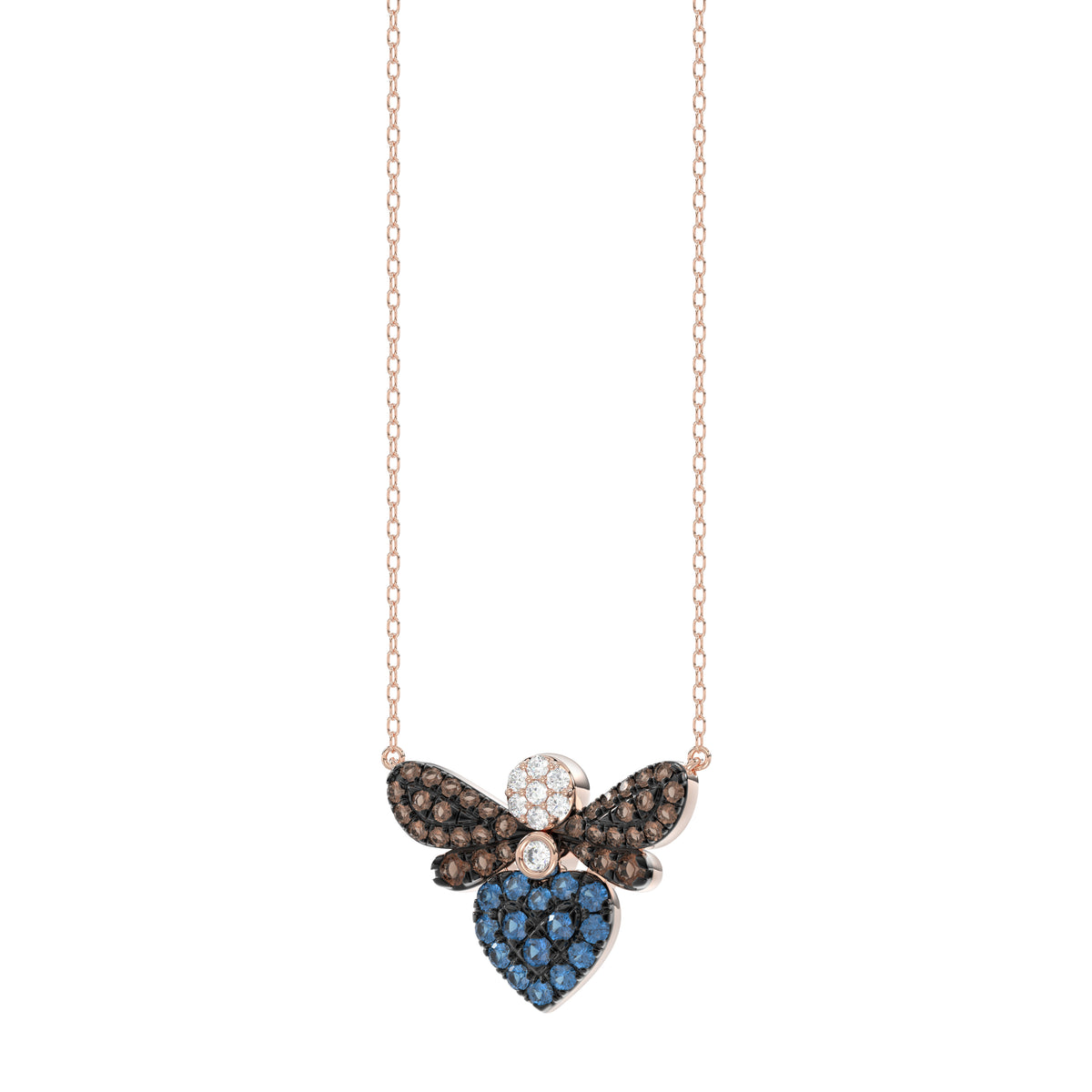 14K Rose Gold Ladies Butterfly Necklace With Colorful Diamond Accents In Blue, Dark Brown, And Round Cuts. A Stylish 0.33 Ct Jewelry Necklace