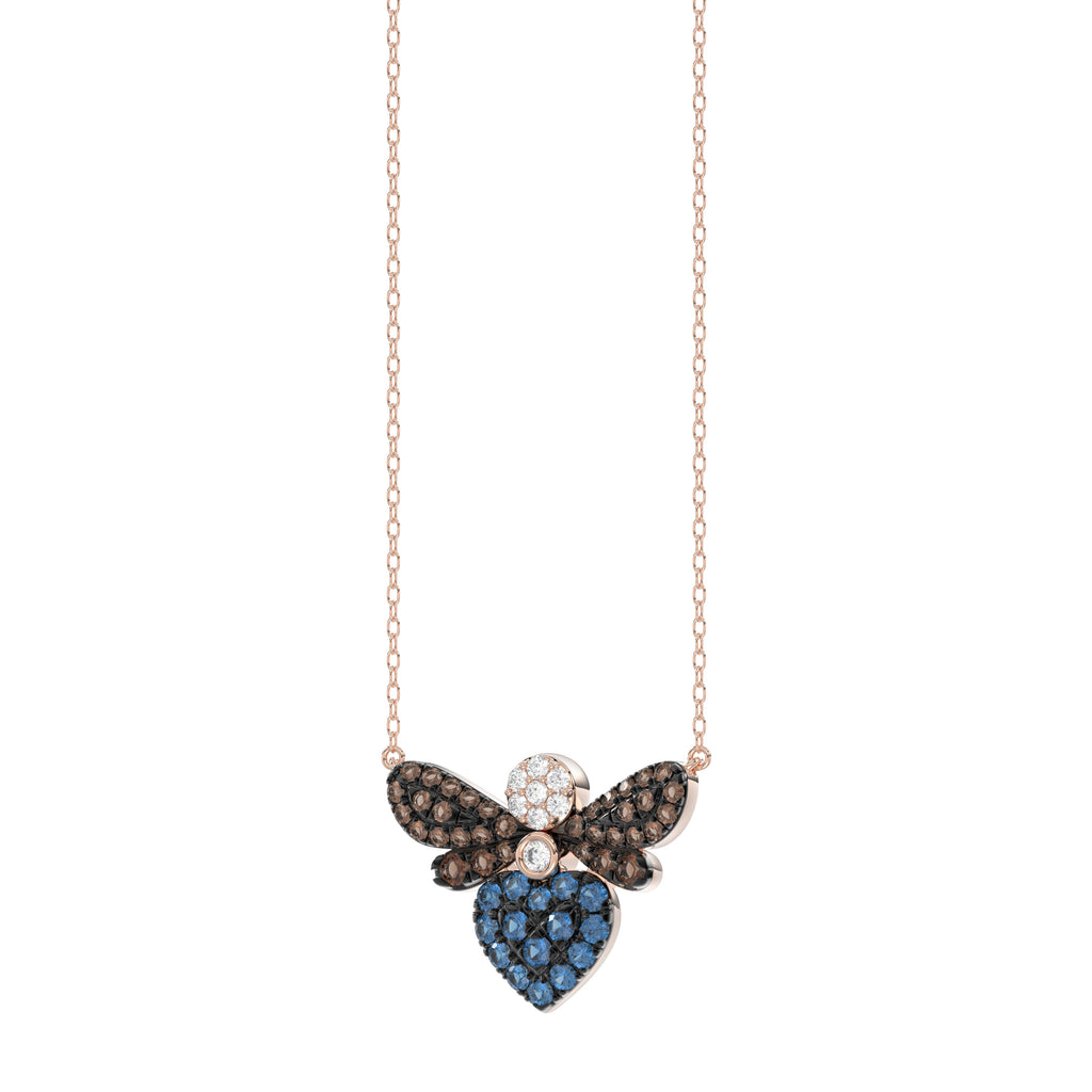 14K Rose Gold Ladies Butterfly Pendant With Colorful Diamond Accents In Blue, Dark Brown, And Round Cuts. A Stylish 0.33 Ct Jewelry Necklace With Chai