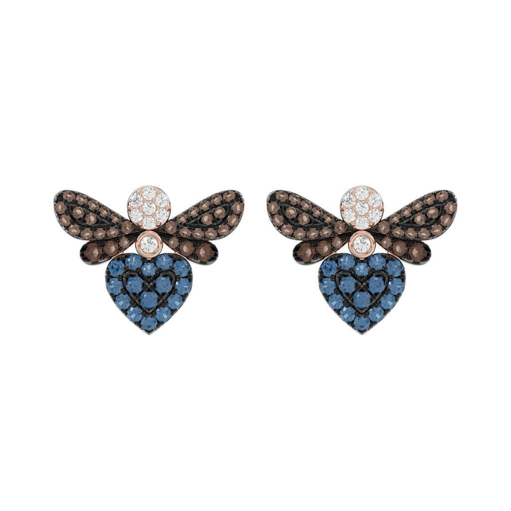 14K Rose Gold Ladies Butterfly Earring With Colorful Diamond Accents In Blue, Dark Brown, And Round Cuts. A Stylish 0.75 Ct Jewelry Earring
