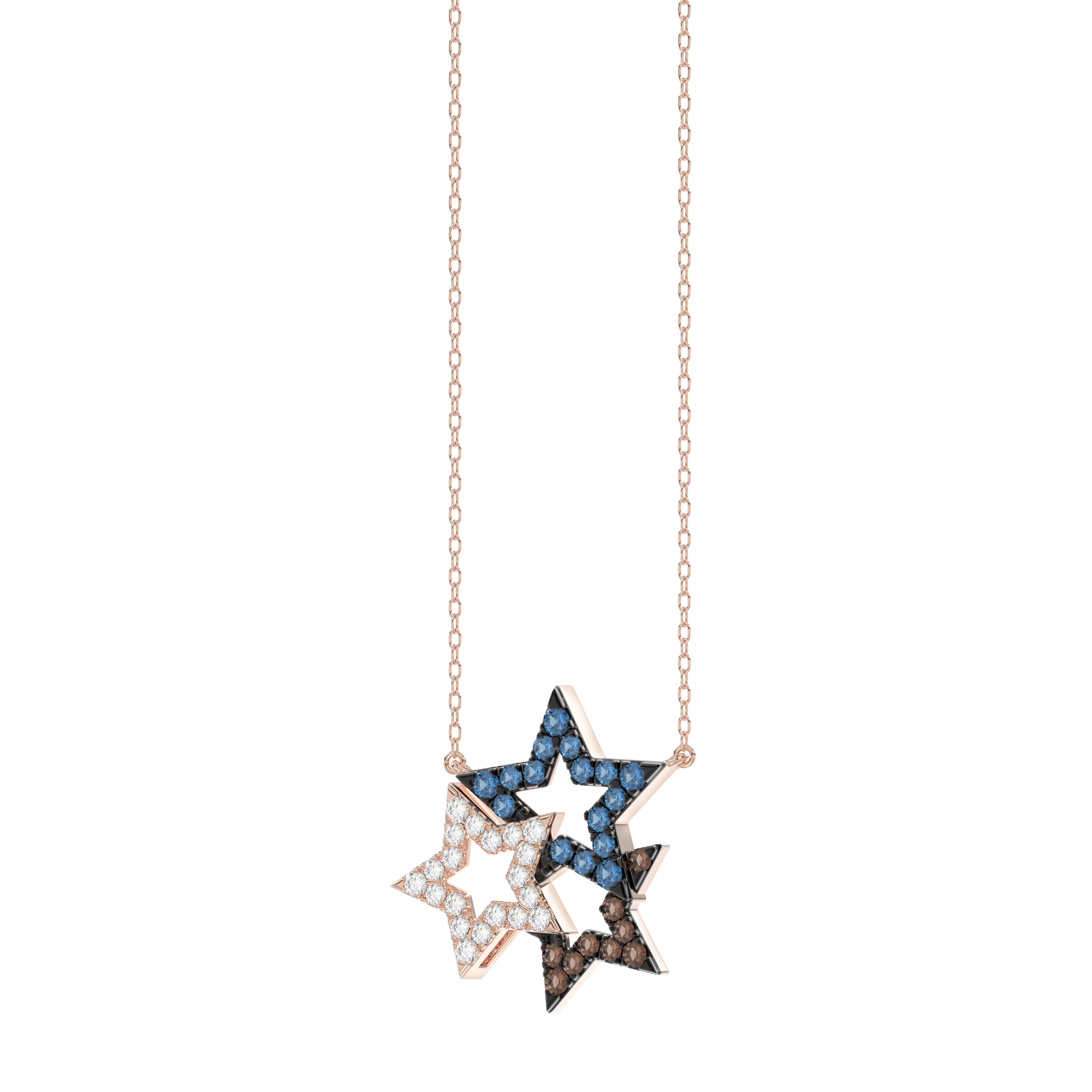 Stylish 14K Rose Gold 0.25Ct Three-Star Necklace Featuring Round, Blue, And Dark Brown Diamonds. A Delicate And Meaningful Ladies Jewelry Piece With C