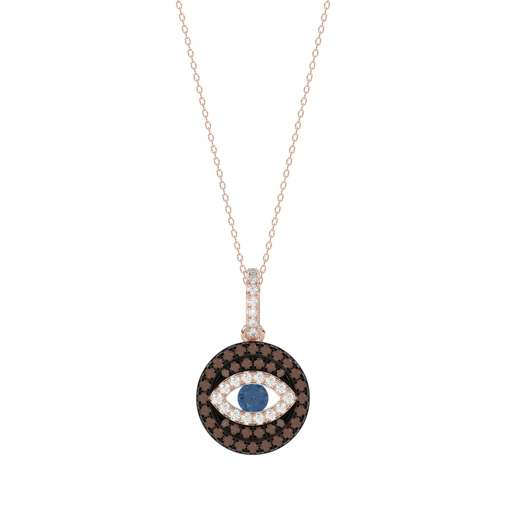 Elegant 14K Rose Gold Evil Eye Pendant For Women Featuring 0.50 Ct Round, Dark Brown, And Blue Diamonds. Includes Chain For A Complete Look.
