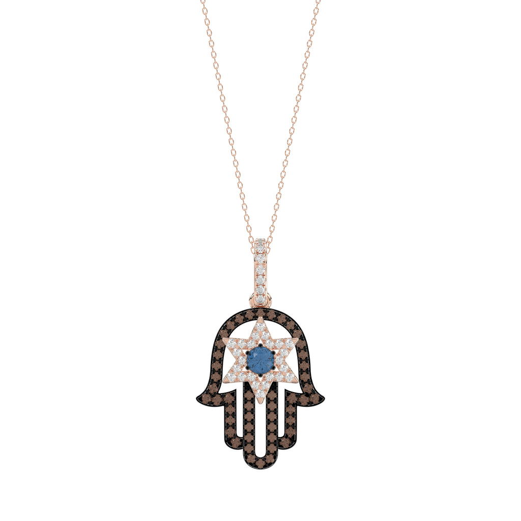 Elegant 14K Rose Gold Hamsa Hand Pendant For Women Featuring 0.50 Ct Round, Dark Brown, And Blue Diamonds. Includes Chain For A Complete Luxury Look.