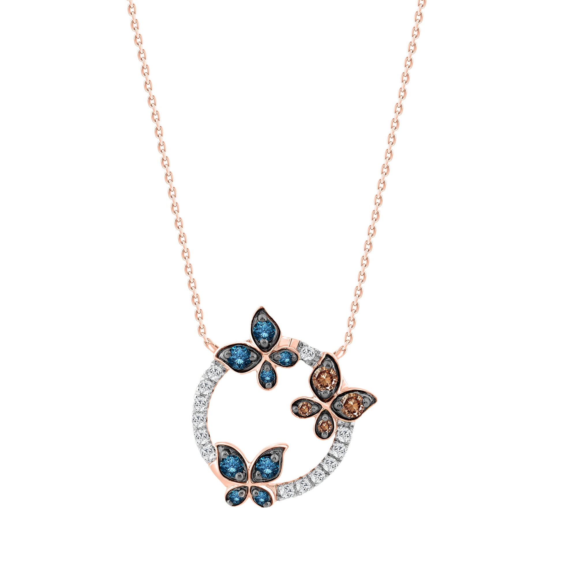 “Elegant Ladies Butterfly Pendant With Chain 0.33Ct Round Dark Brown & 14K Rose Gold Blue Diamond Fashion Jewelry For Women