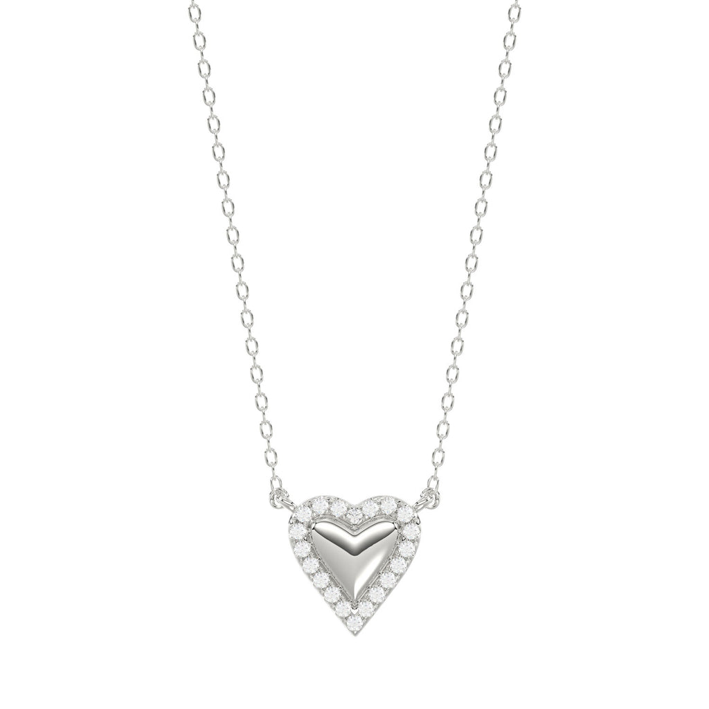 Round Diamond Heart Necklace, 0.10Ct Sterling Silver  Love Necklace, Minimal Heart Charm Pendant For Your Loved One, Girlfriend Gift