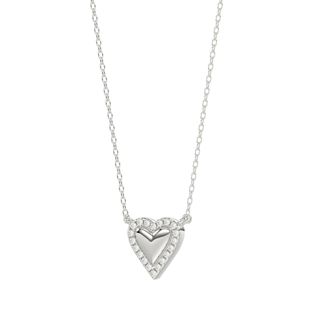 Round Diamond Heart Necklace, 0.10Ct Sterling Silver  Love Necklace, Minimal Heart Charm Pendant For Your Loved One, Girlfriend Gift