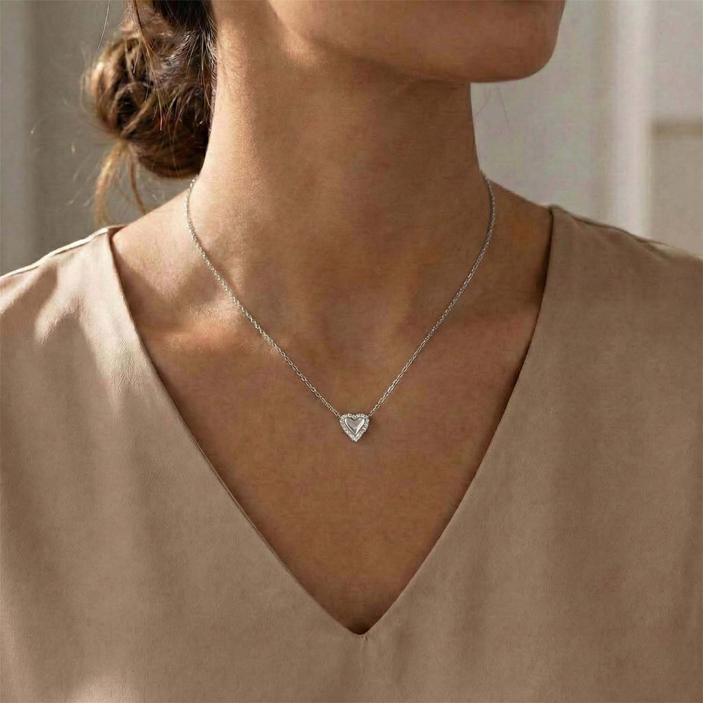 Round Diamond Heart Necklace, 0.10Ct Sterling Silver  Love Necklace, Minimal Heart Charm Pendant For Your Loved One, Girlfriend Gift