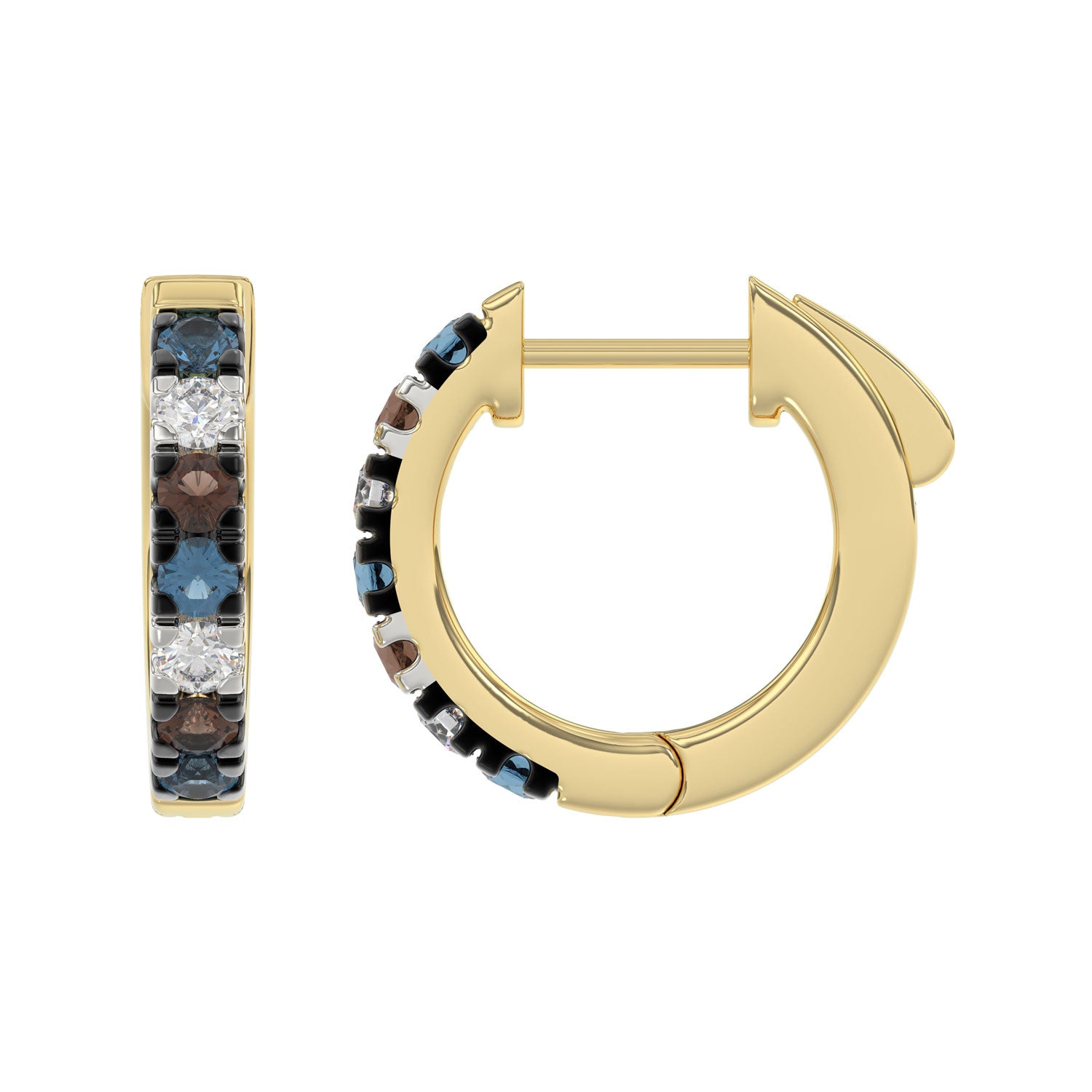 14K Yellow Gold 0.50CT Multi-Color Diamond Huggie Hoop Earrings Round Cut Blue, White Round &Dark  Brown Diamonds