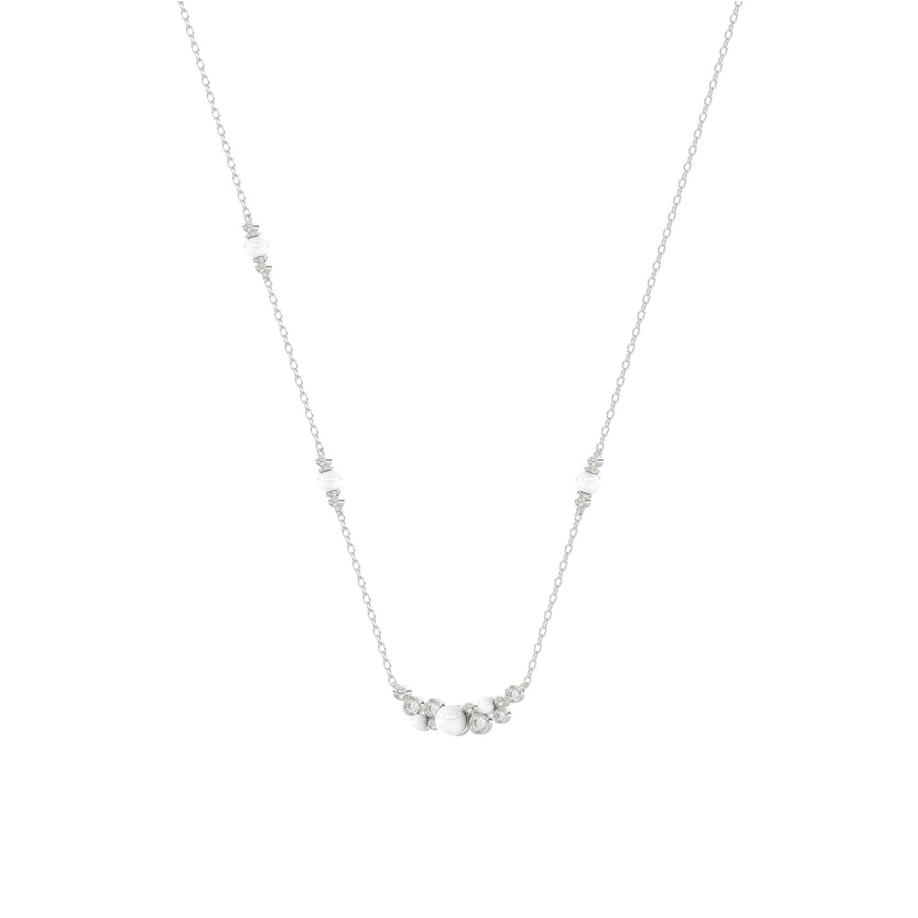 14K White Gold 0.16Ct Ladies Pearl Necklace  Round Diamond Bezel Design