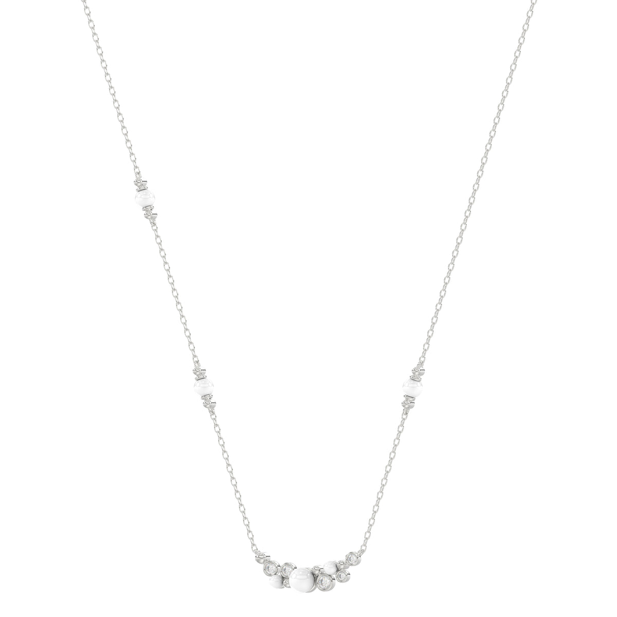 Elegant 14K White Gold Ladies Necklace With Pearl Centerpiece And Round Diamond Accents 0.16Ct. Perfect For Everyday Elegance Or Gifting.