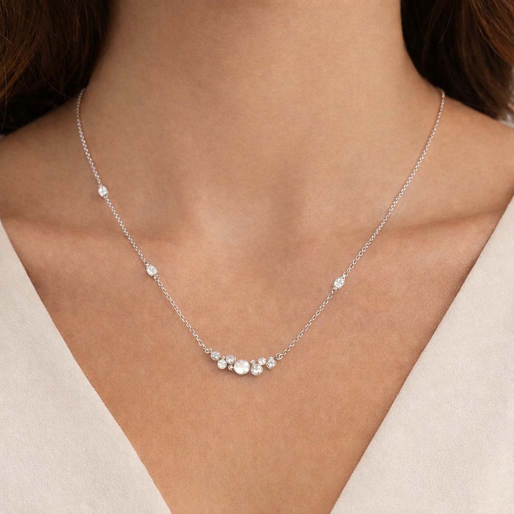 14K White Gold 0.16Ct Ladies Pearl Necklace  Round Diamond Bezel Design