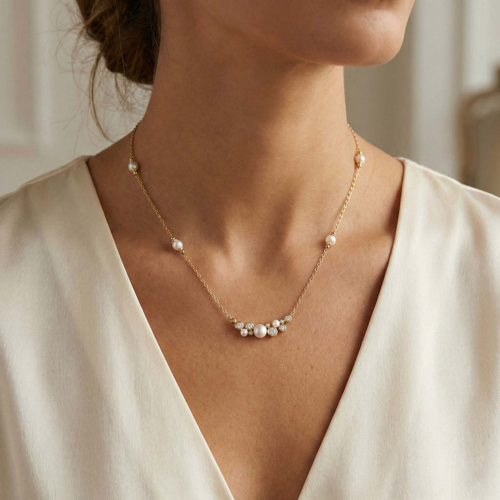 LADIES NECKLACE 0.16CT ROUND/PEARL DIAMOND 14K YELLOW GOLD