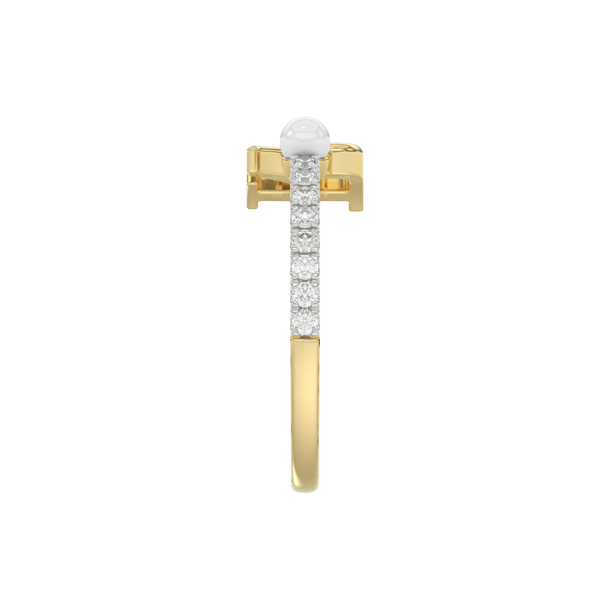 Stylish 10K Yellow Gold Ladies Ring Featuring Letter “R”, Luminous Pearl, And Round Diamond Accents. A Delicate 0.10Ct Fine Jewelry Piece.