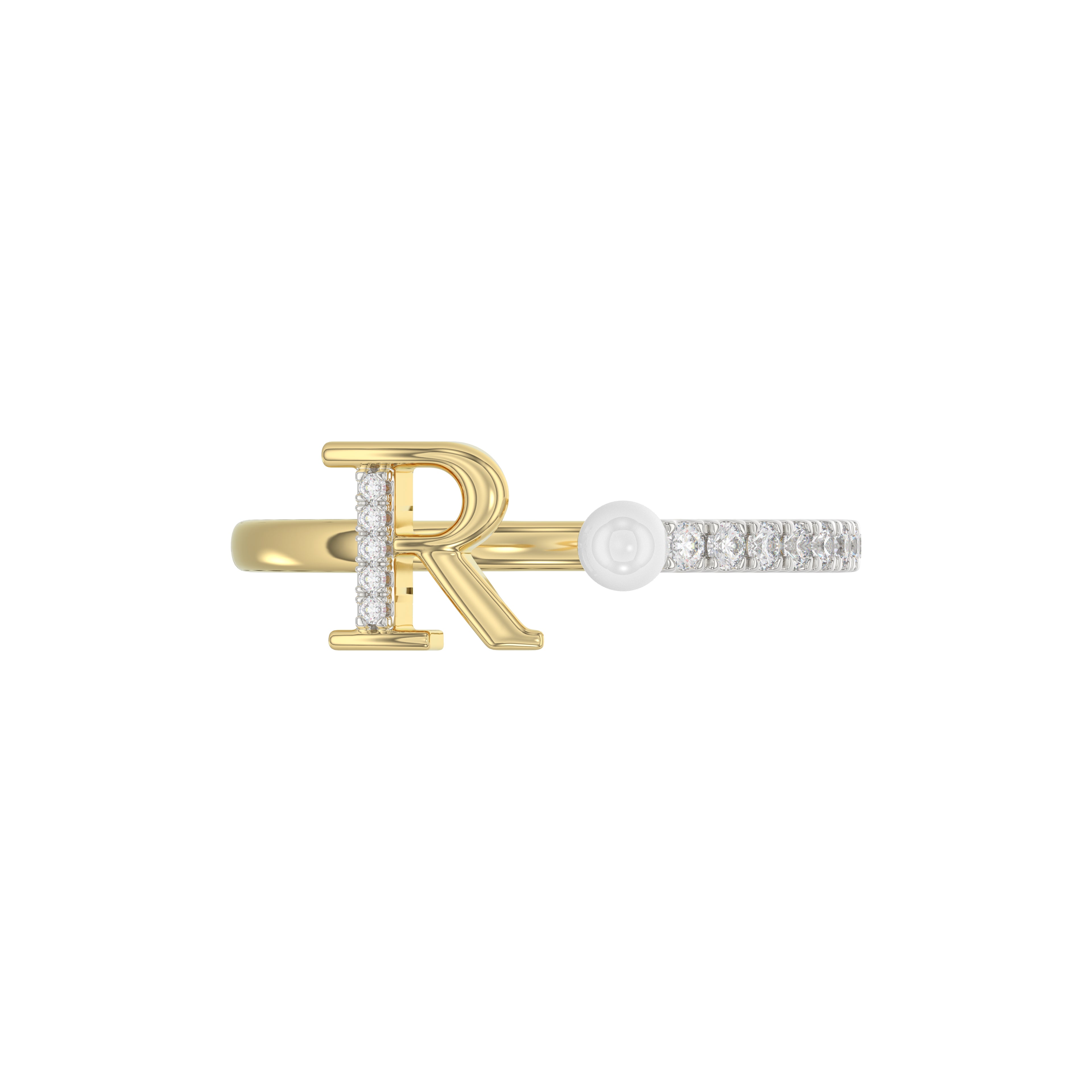 Stylish 10K Yellow Gold Ladies Ring Featuring Letter “R”, Luminous Pearl, And Round Diamond Accents. A Delicate 0.10Ct Fine Jewelry Piece.