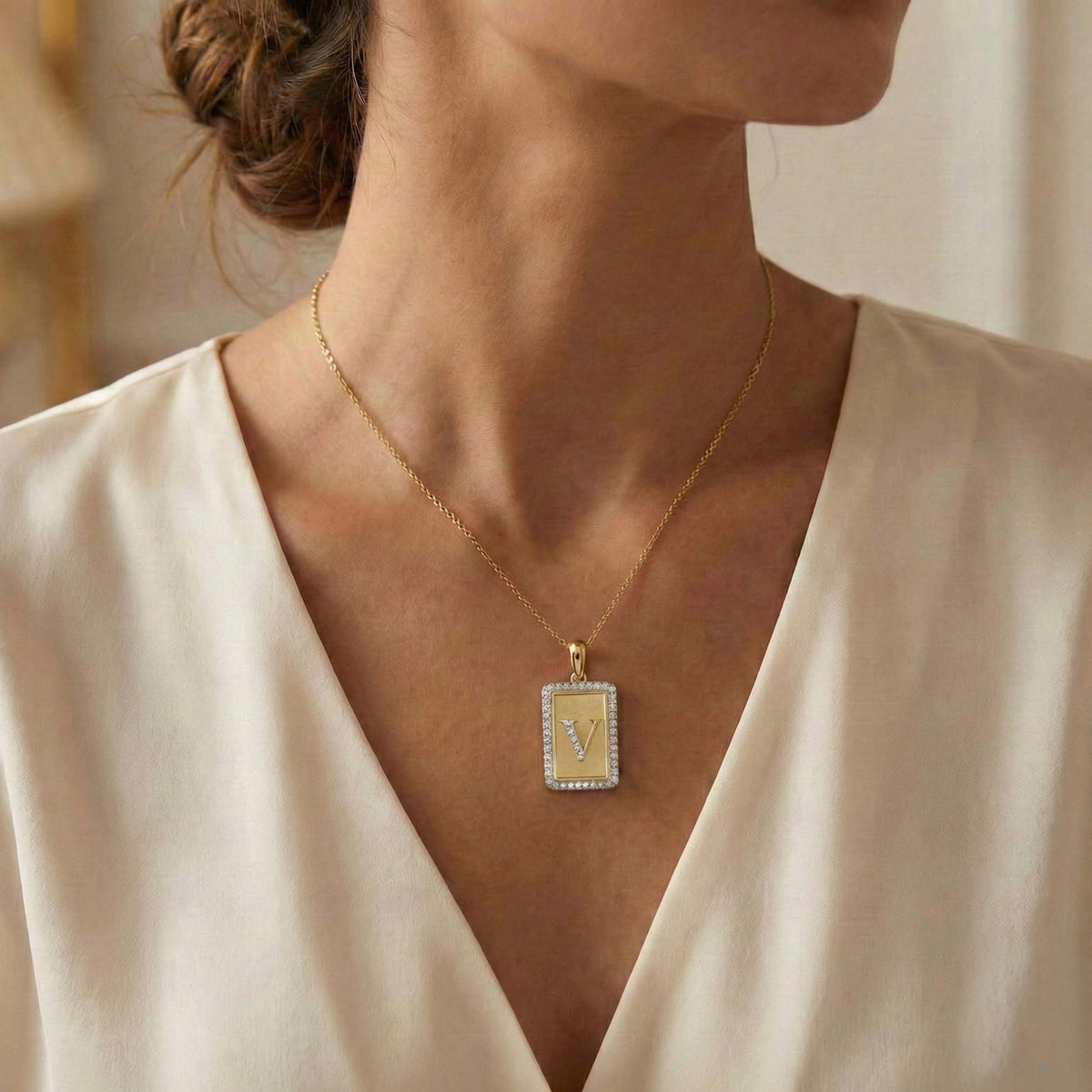 10K Yellow Gold letter 'V' Fashion Pendant With Chain - 0.20 CT Round Diamond Ladies Jewelry Gift