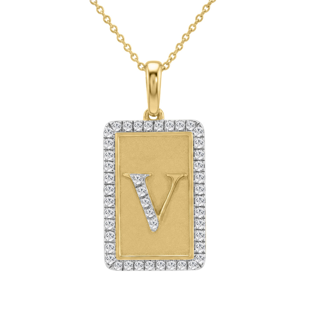 10K Yellow Gold letter 'V' Fashion Pendant With Chain - 0.20 CT Round Diamond Ladies Jewelry Gift