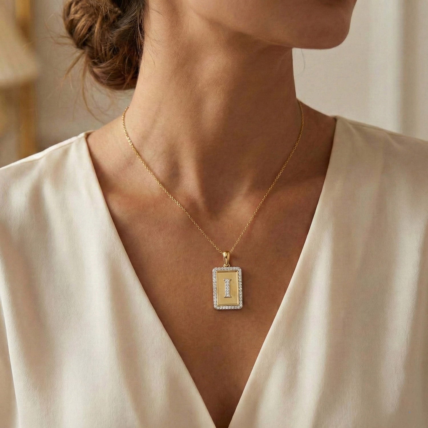 10K Yellow Gold letter 'I' Fashion Pendant With Chain - 0.20 CT Round Diamond Ladies Jewelry Gift