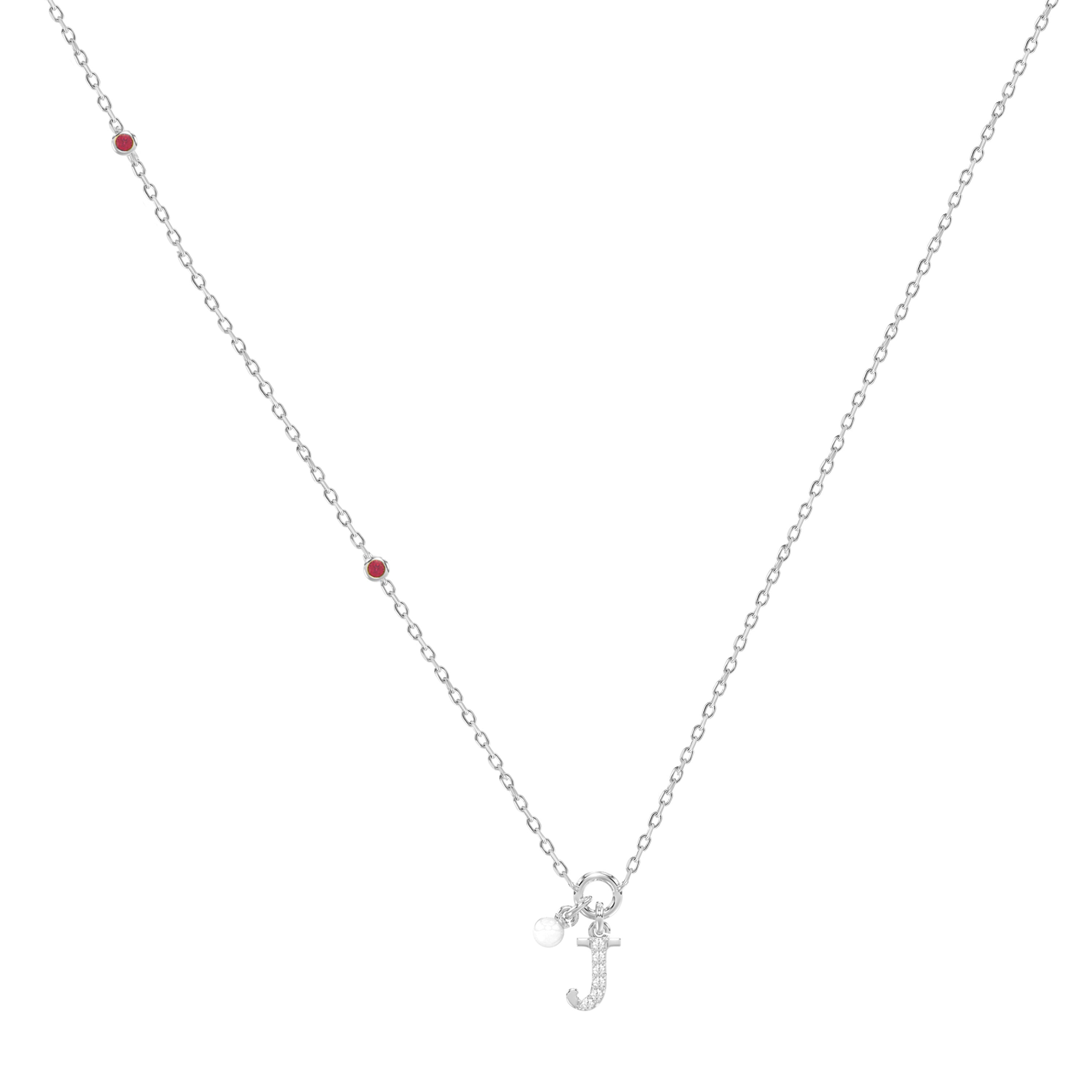 Sterling Silver Ladies 0.10CT Round/Ruby Diamond Pearl “J” Alphabet Necklace Elegant Initial Jewelry
