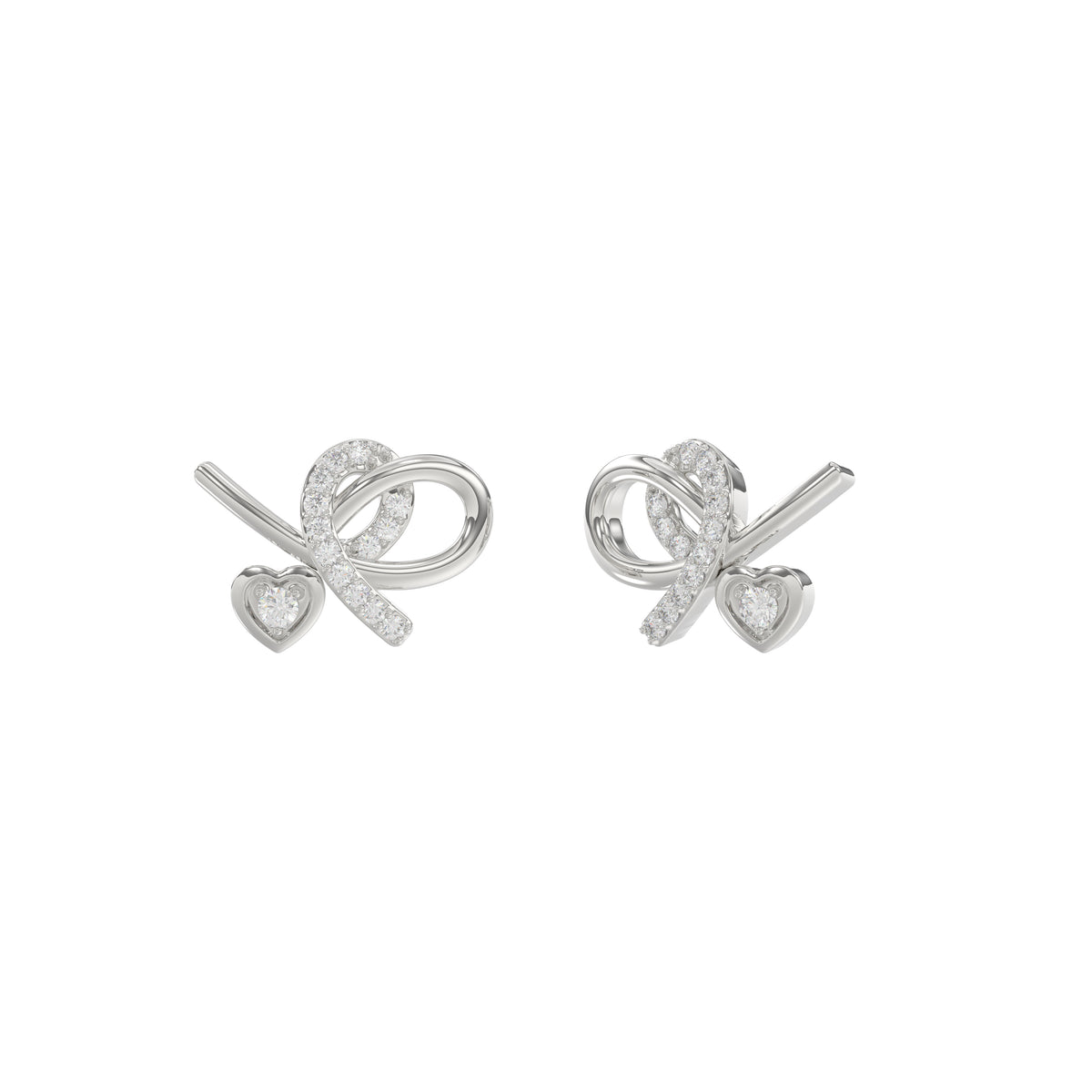 Elegant 10K White Gold Ladies Earrings Featuring A Clustered Heart Design With Twisted Detailing And 0.10 Ct Round Diamonds. Romantic Fine Jewelry For