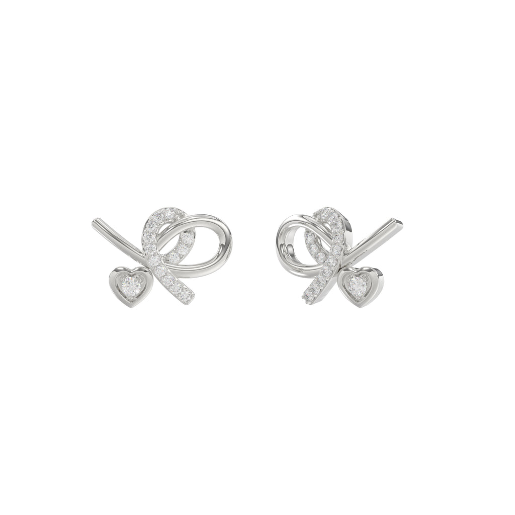 Elegant 10K White Gold Ladies Earrings Featuring A Clustered Heart Design With Twisted Detailing And 0.10 Ct Round Diamonds. Romantic Fine Jewelry For