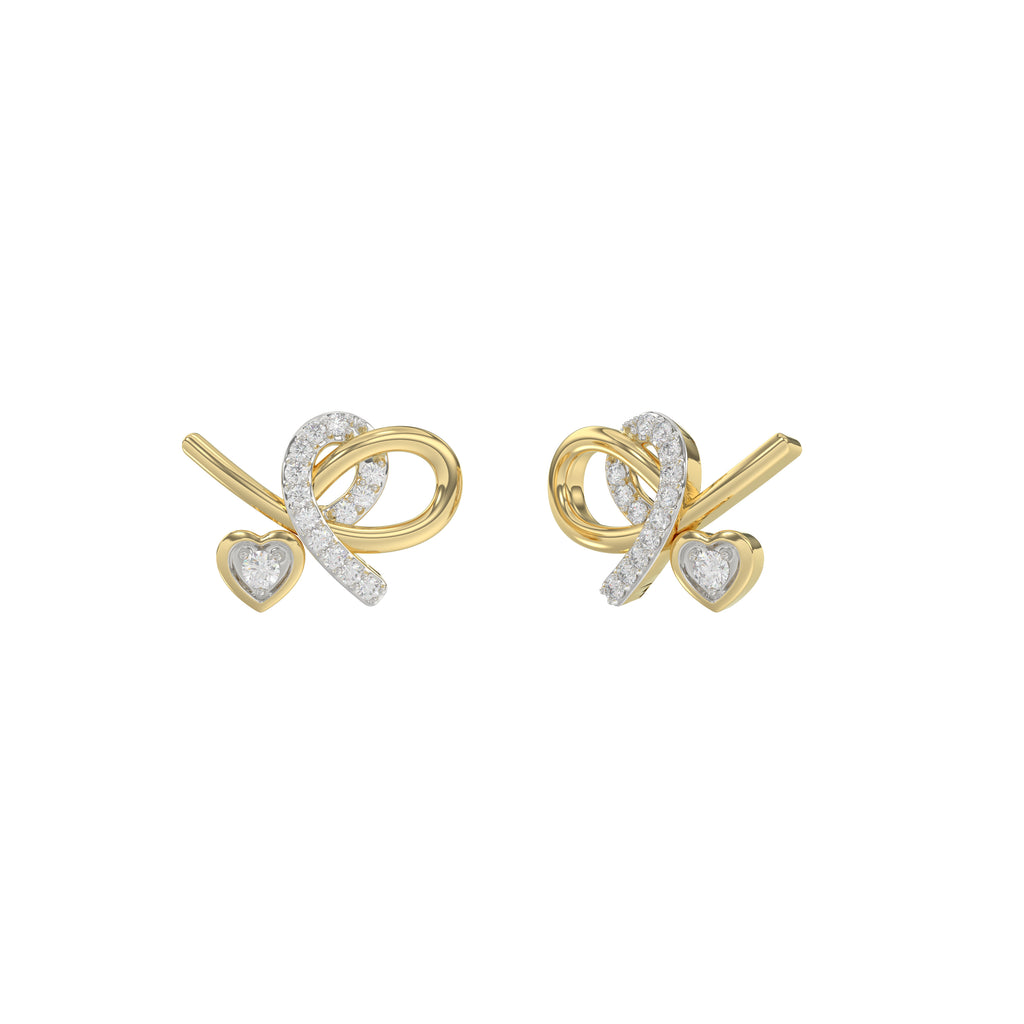 Elegant 10K Yellow Gold Ladies Earrings Featuring A Clustered Heart Design With Twisted Detailing And 0.10 Ct Round Diamonds. Romantic Fine Jewelry Fo