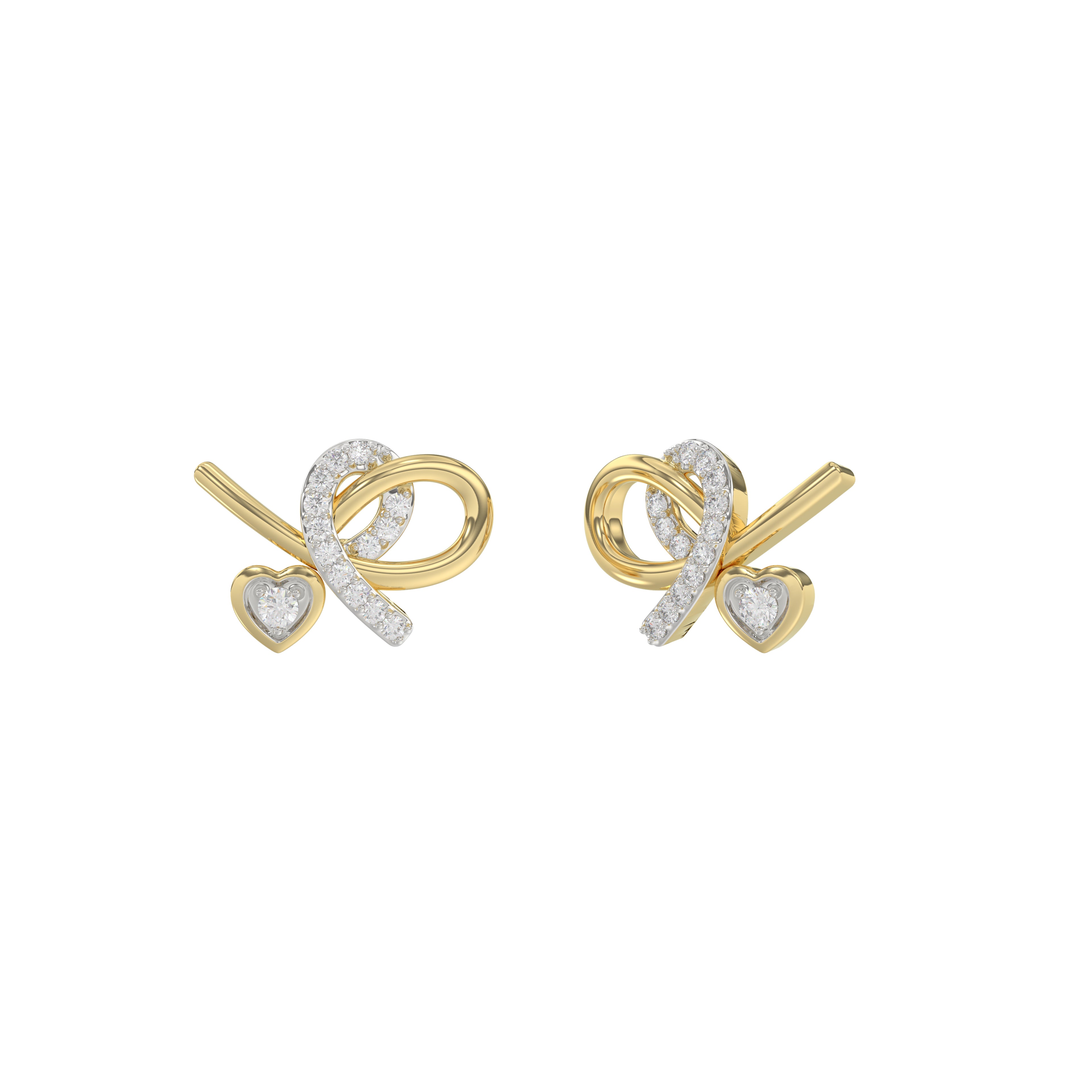 Elegant 10K Yellow Gold Ladies Earrings Featuring A Clustered Heart Design With Twisted Detailing And 0.10 Ct Round Diamonds. Romantic Fine Jewelry Fo