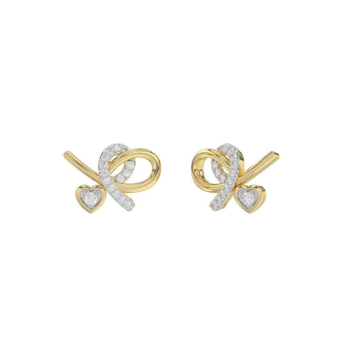 Elegant 10K Yellow Gold Ladies Earrings Featuring A Clustered Heart Design With Twisted Detailing And 0.10 Ct Round Diamonds. Romantic Fine Jewelry Fo
