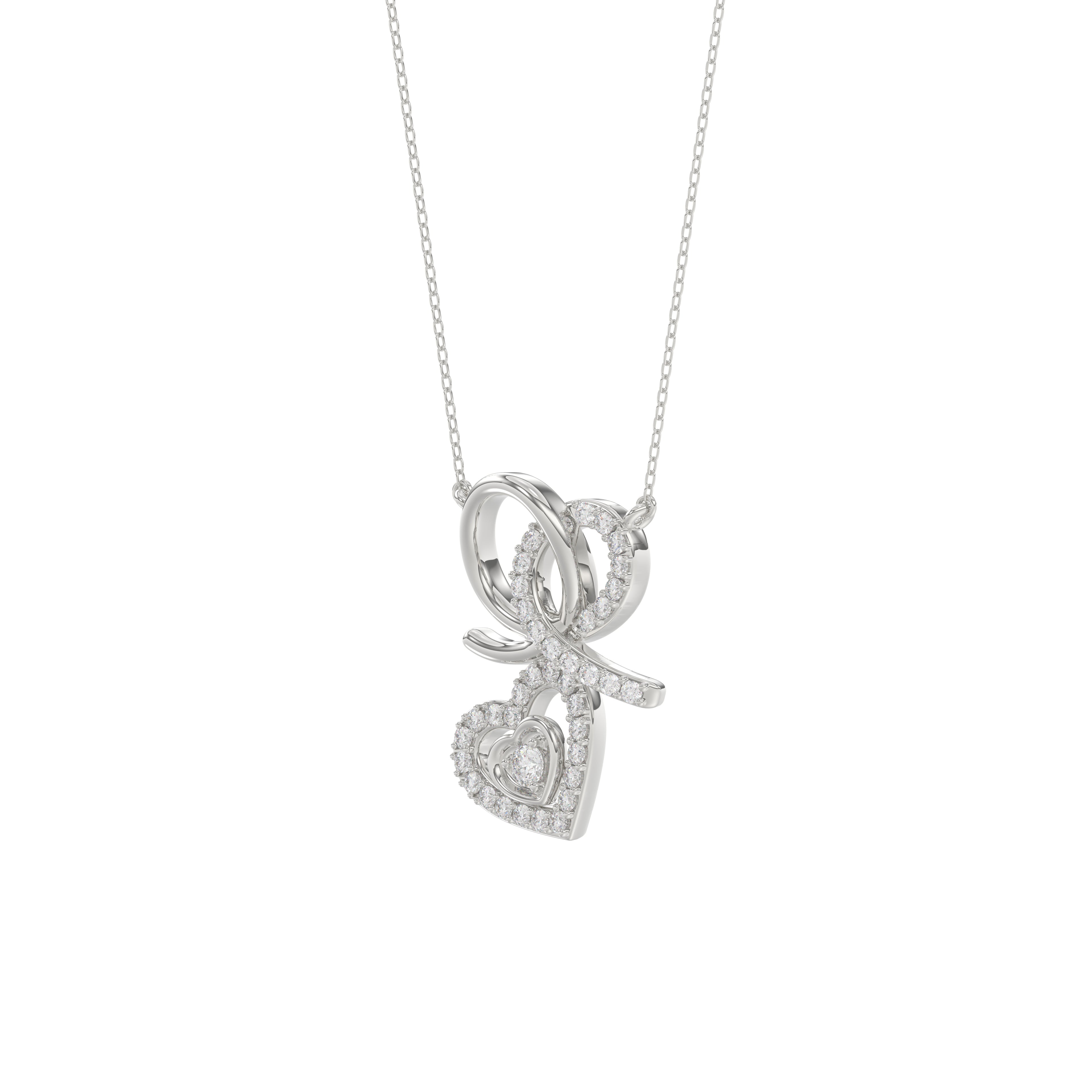 Stylish 10K White Gold 0.15Ct Ladies Necklace Featuring Intertwined Double Hearts And Diamond Accents. A Delicate And Elegant Fine Jewelry