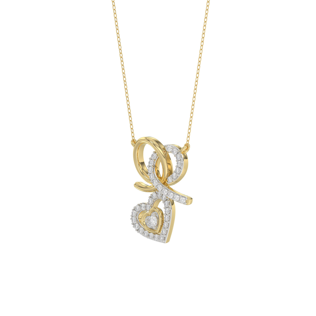 Stylish 10K Yellow Gold 0.15Ct Ladies Necklace Featuring Intertwined Double Hearts And Diamond Accents. A Delicate And Elegant Fine Jewelry