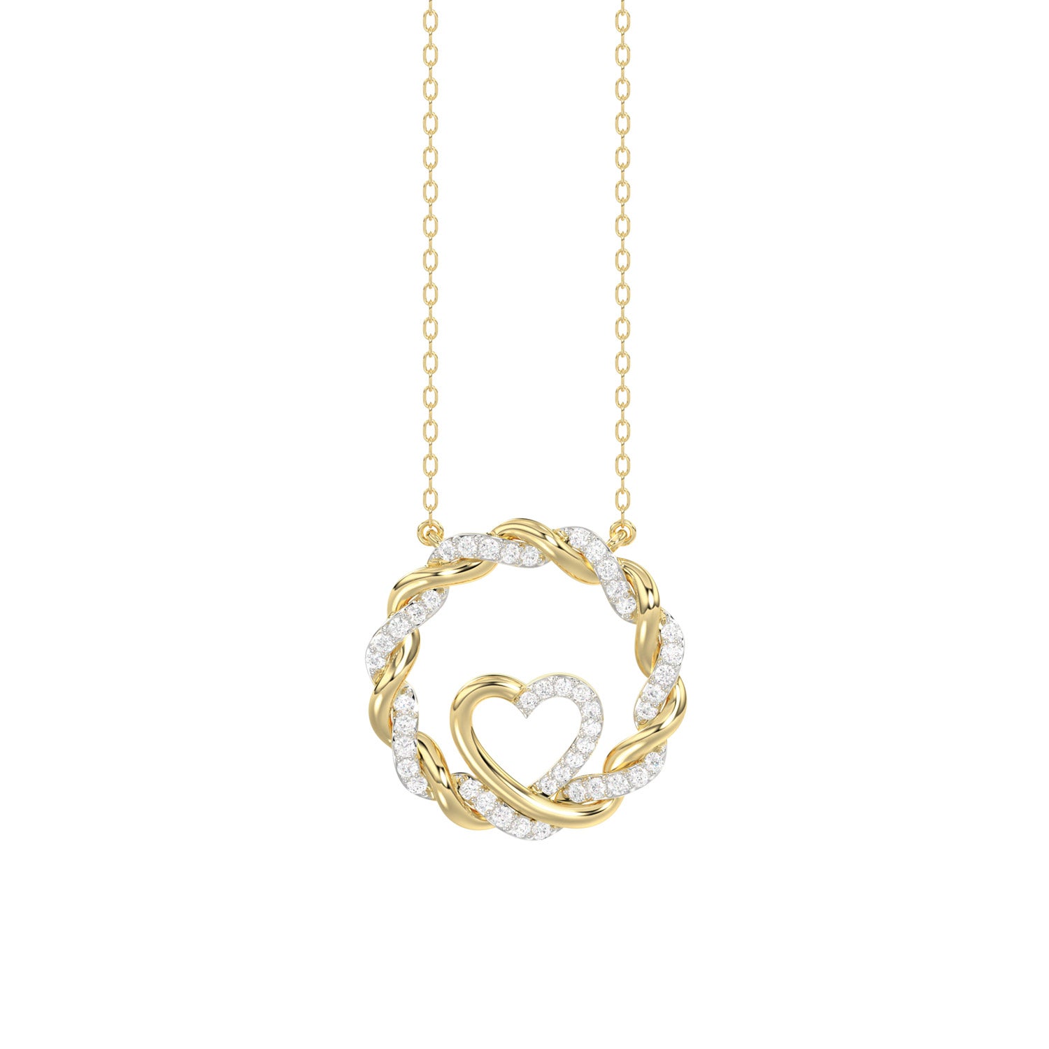 ELEGANCE 10K YELLOW GOLD 0.15CT TWISTED CIRCLE HEART & LADIES PENDANT ROUND DIAMOND WITH CHAIN
