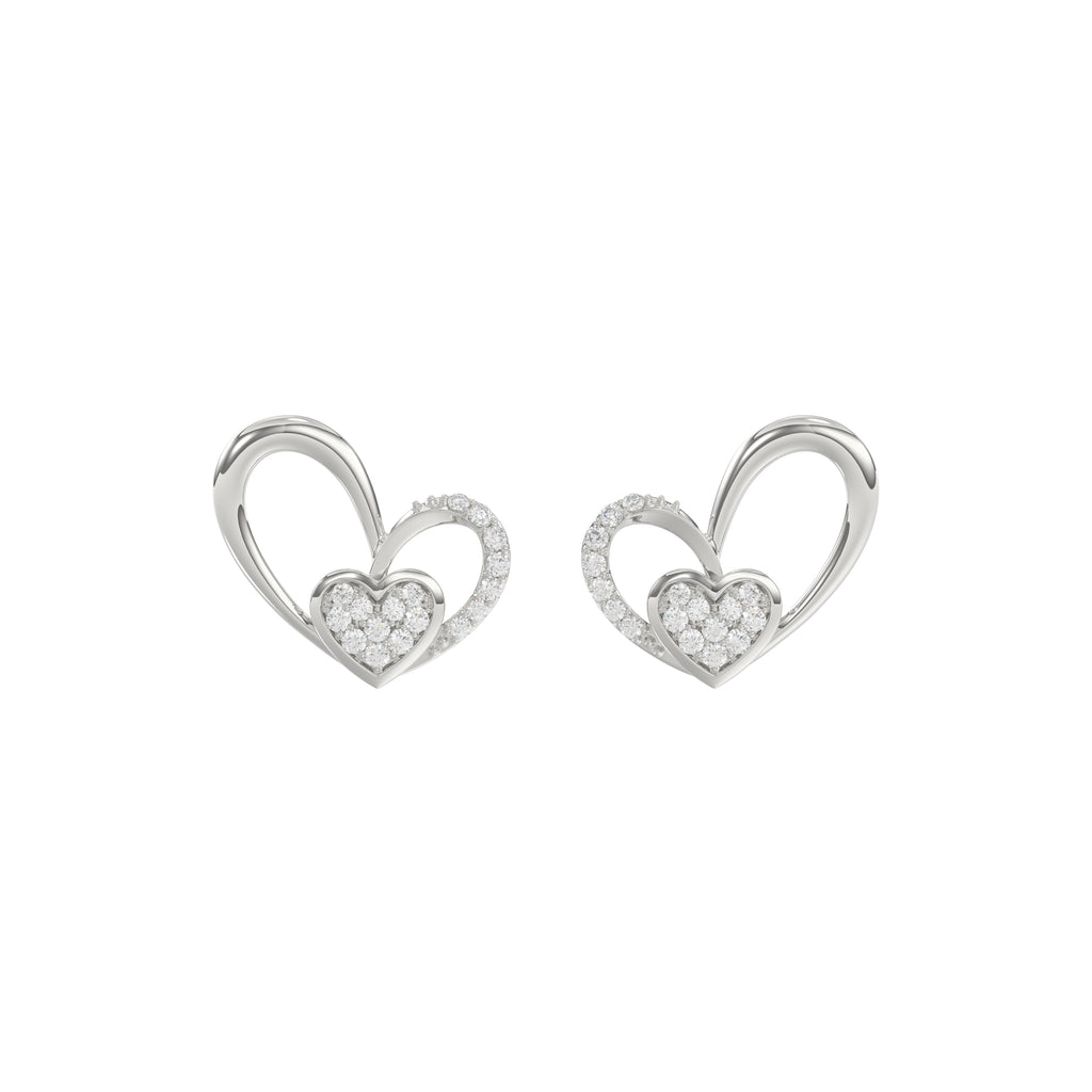Elegant 10K White Gold Fashion Earrings Featuring A Double Heart Design With 0.15 Ct Round Diamonds. A Romantic And Stylish Ladies Jewelry