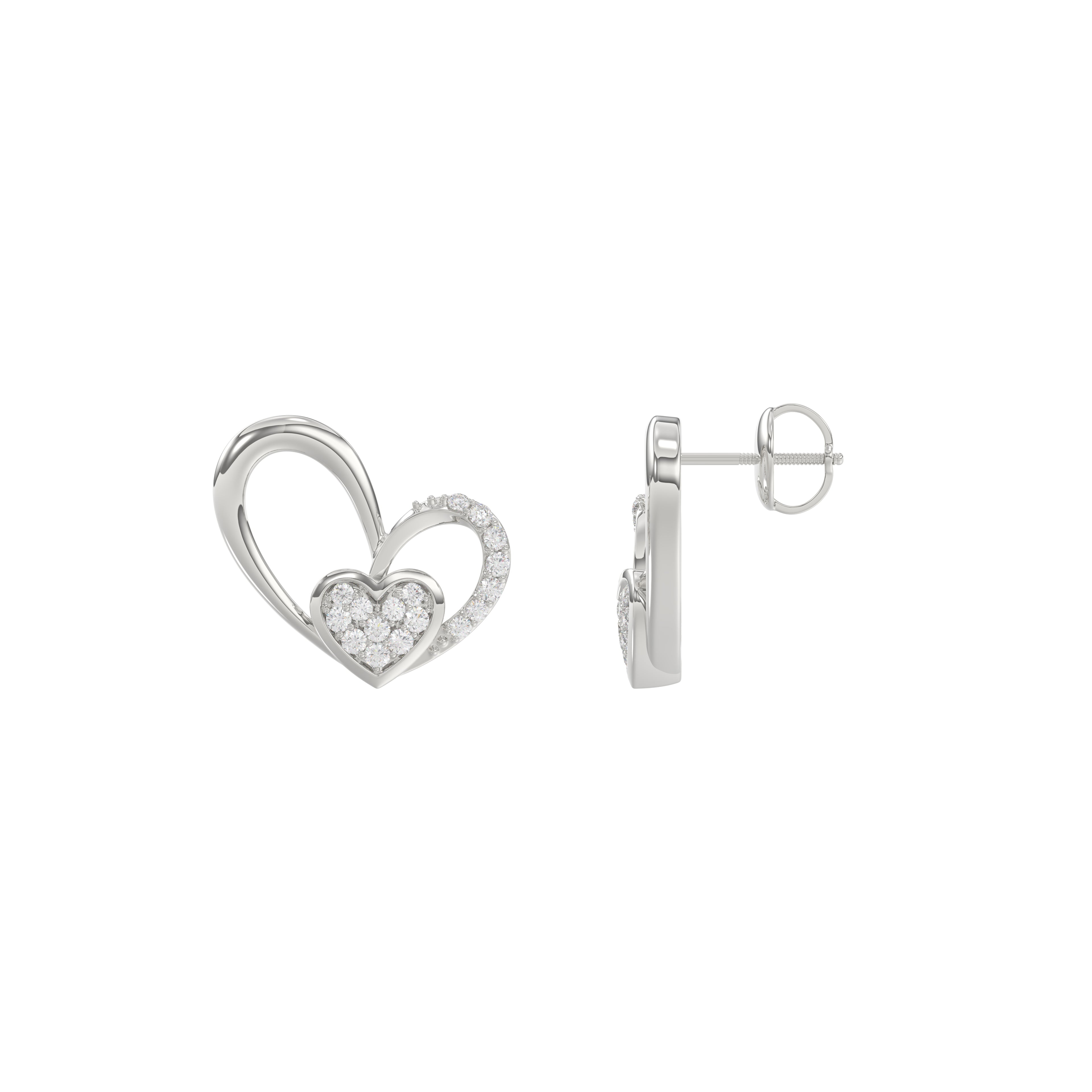 Elegant 10K White Gold Fashion Earrings Featuring A Double Heart Design With 0.15 Ct Round Diamonds. A Romantic And Stylish Ladies Jewelry