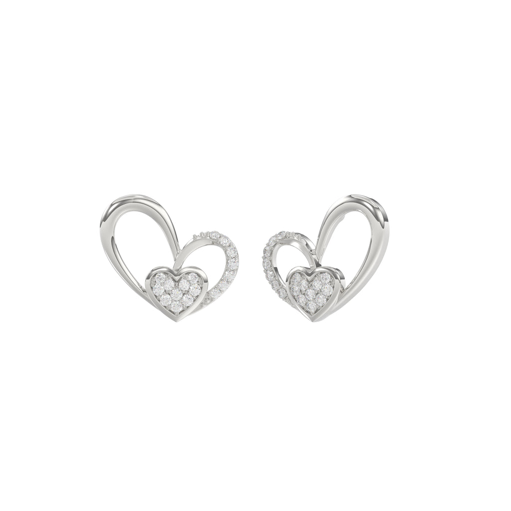 Elegant 10K White Gold Fashion Earrings Featuring A Double Heart Design With 0.15 Ct Round Diamonds. A Romantic And Stylish Ladies Jewelry