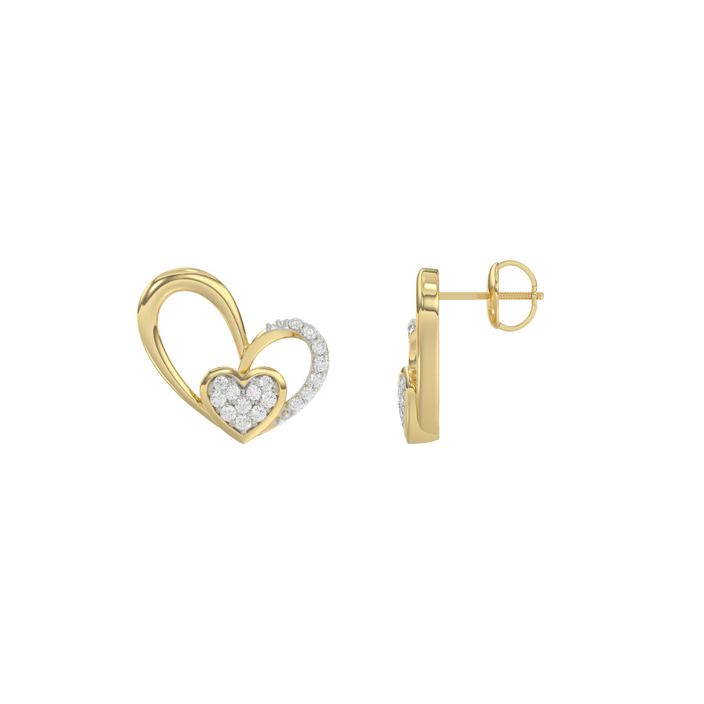 Elegant 10K Yellow Gold Fashion Earrings Featuring A Double Heart Design With 0.15 Ct Round Diamonds. A Romantic And Stylish Ladies Jewelry