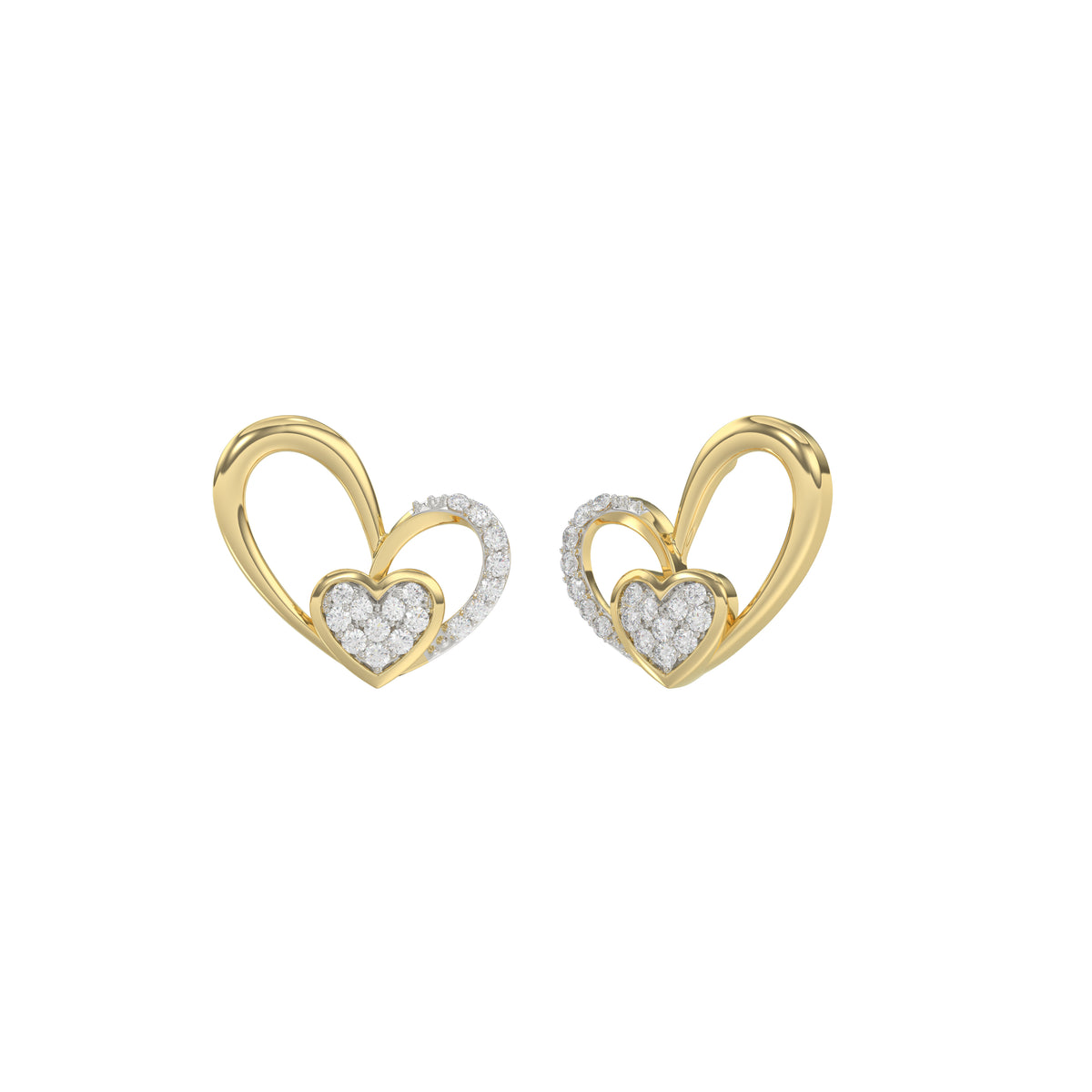 Elegant 10K Yellow Gold Fashion Earrings Featuring A Double Heart Design With 0.15 Ct Round Diamonds. A Romantic And Stylish Ladies Jewelry