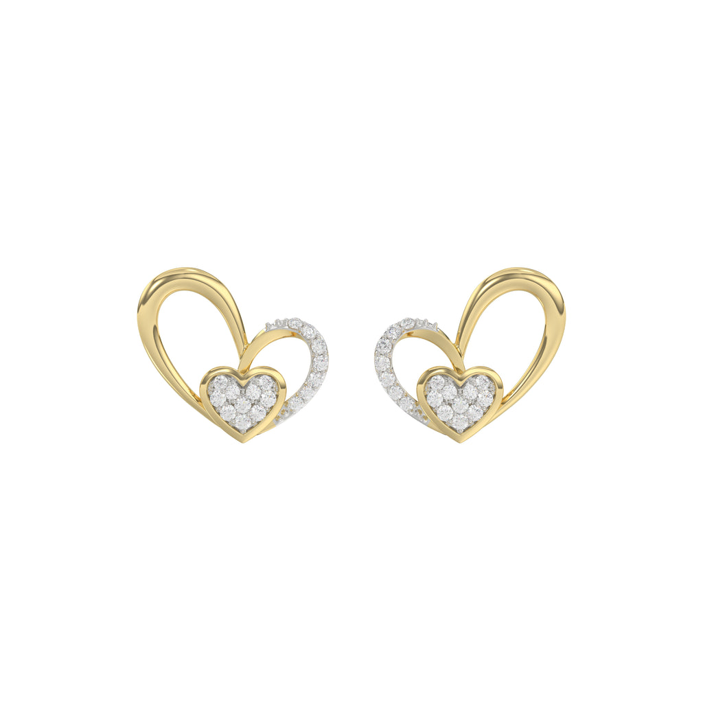 Elegant 10K Yellow Gold Fashion Earrings Featuring A Double Heart Design With 0.15 Ct Round Diamonds. A Romantic And Stylish Ladies Jewelry