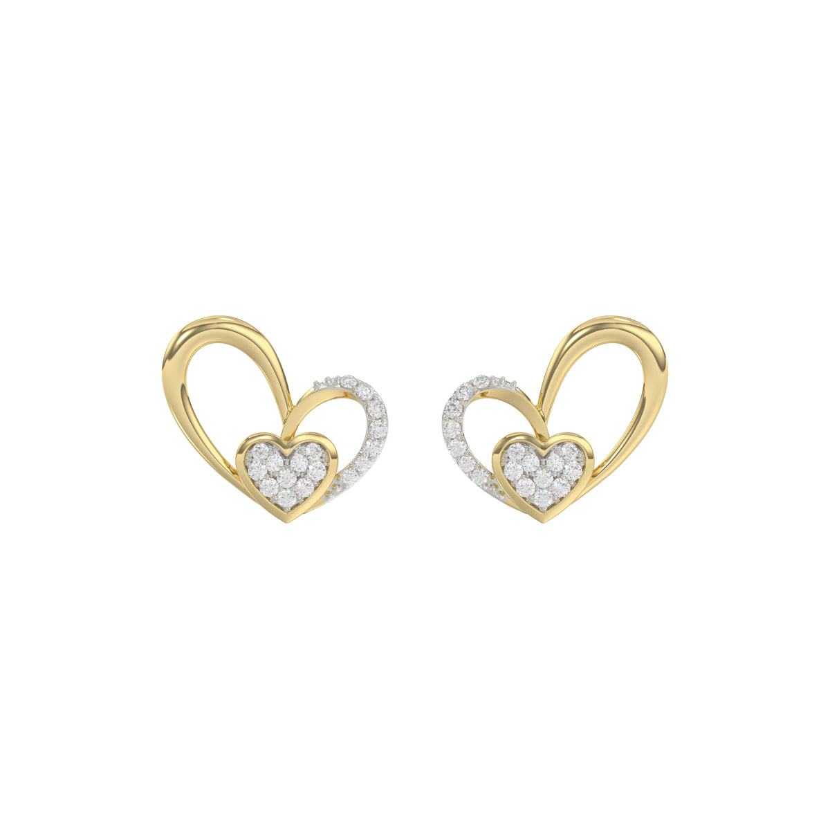 Elegant 10K Yellow Gold Fashion Earrings Featuring A Double Heart Design With 0.15 Ct Round Diamonds. A Romantic And Stylish Ladies Jewelry