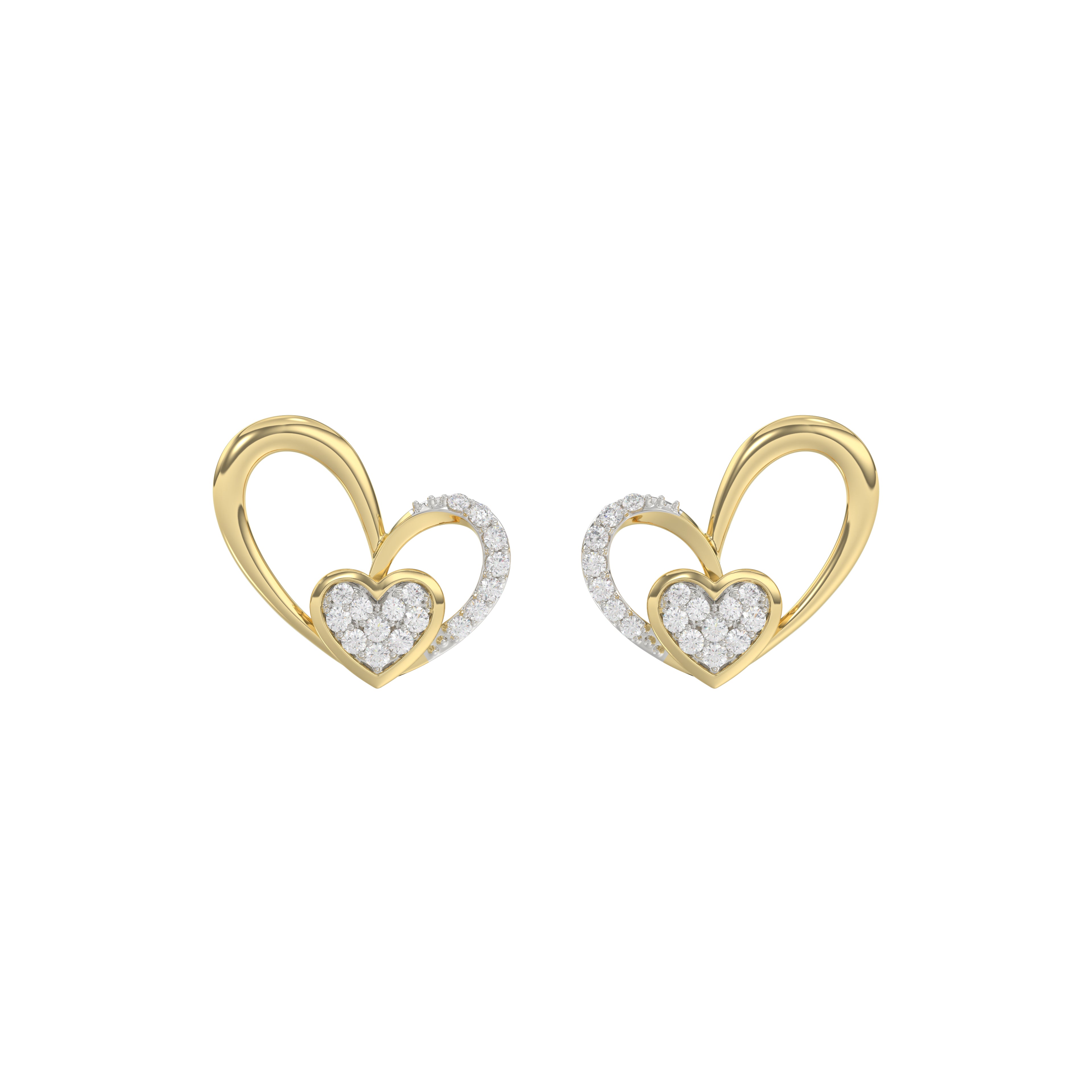 Elegant 10K Yellow Gold Fashion Earrings Featuring A Double Heart Design With 0.15 Ct Round Diamonds. A Romantic And Stylish Ladies Jewelry