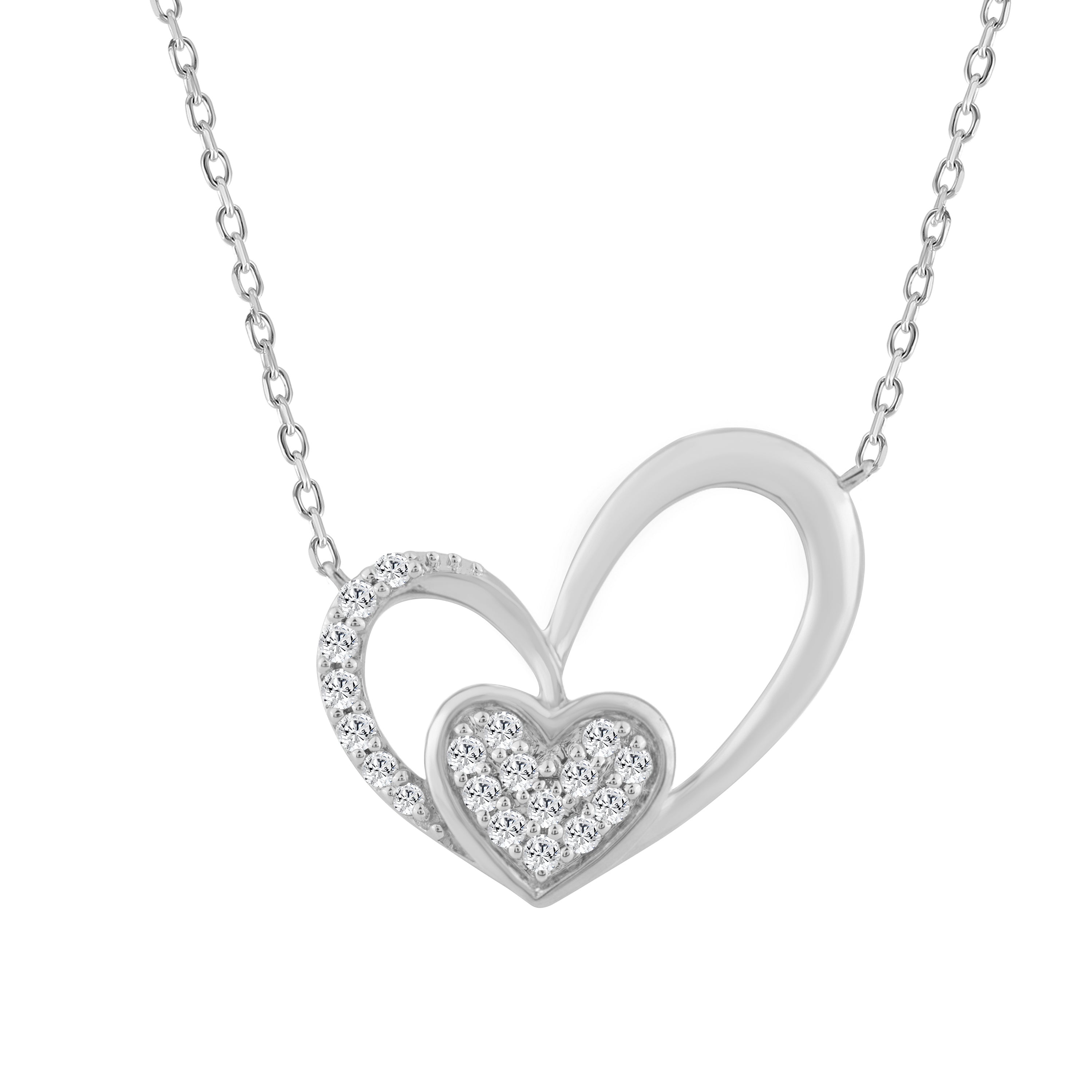 10K WHITE GOLD DOUBLE HEART DIAMOND PENDANT WITH CHAIN  0.15CT ROUND DIAMOND LADIES JEWELRY