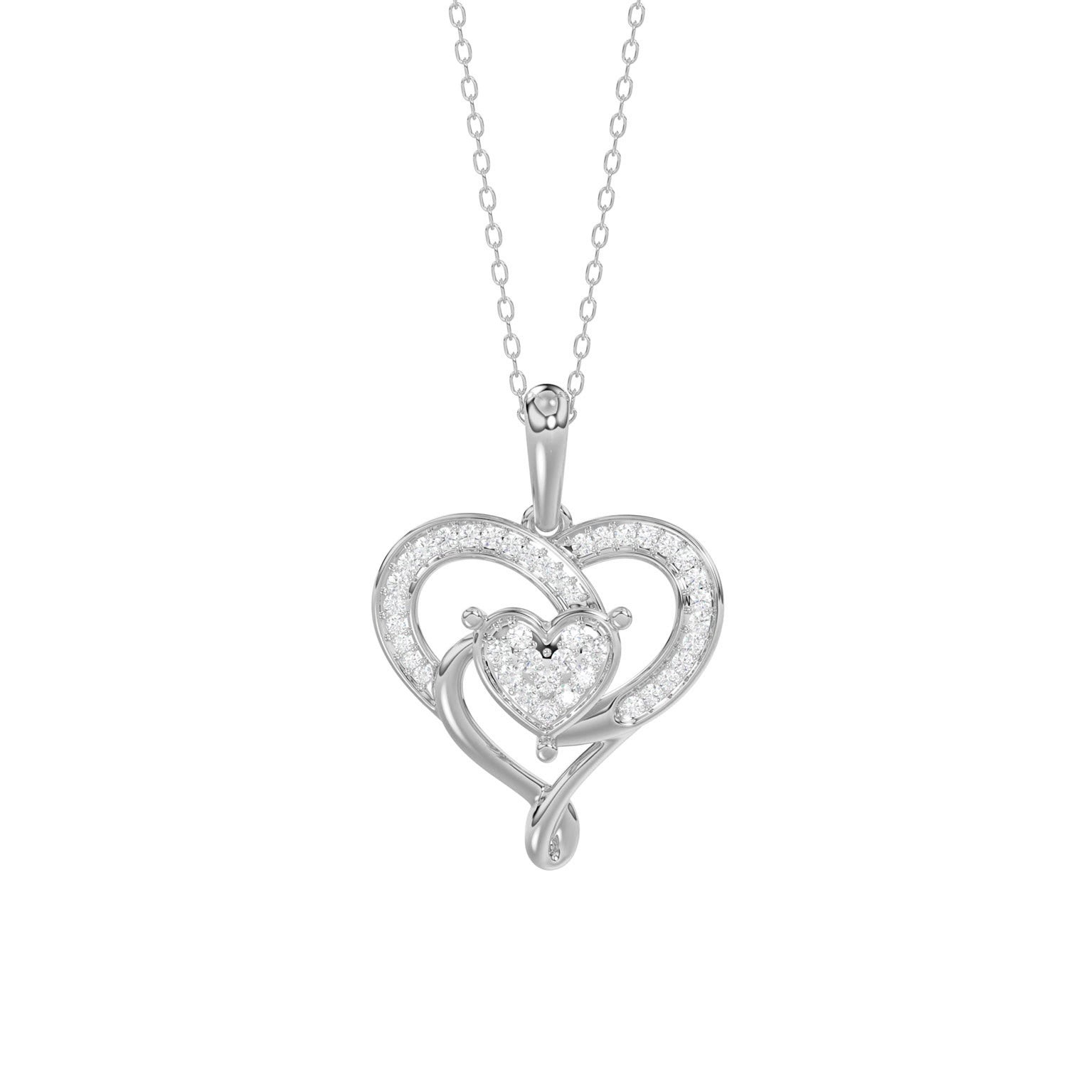 10K WHITE GOLD DOUBLE HEART DIAMOND PENDANT FOR LADIES 0.15CT ROUND DIAMOND PENDANT WITH CHAIN