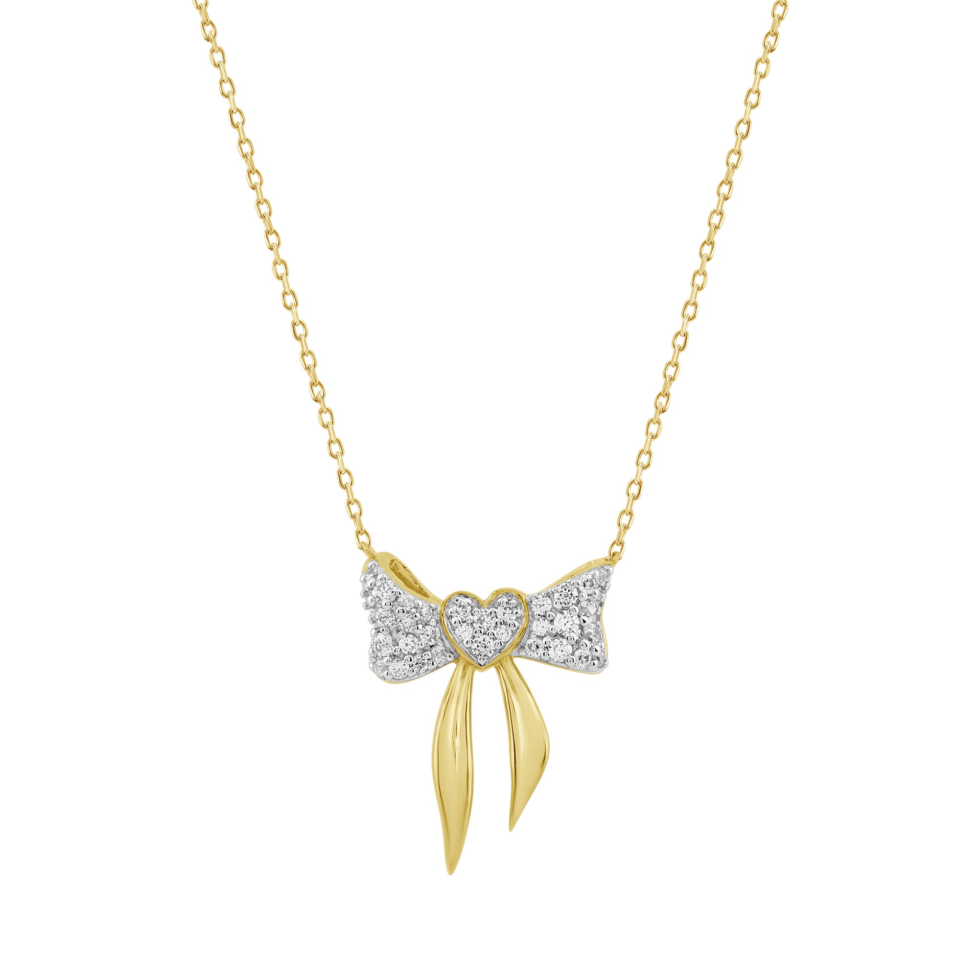 10K Yellow Gold Heart Bow Diamond Necklace 0.25CT Round Diamond Ladies Jewelry Gift