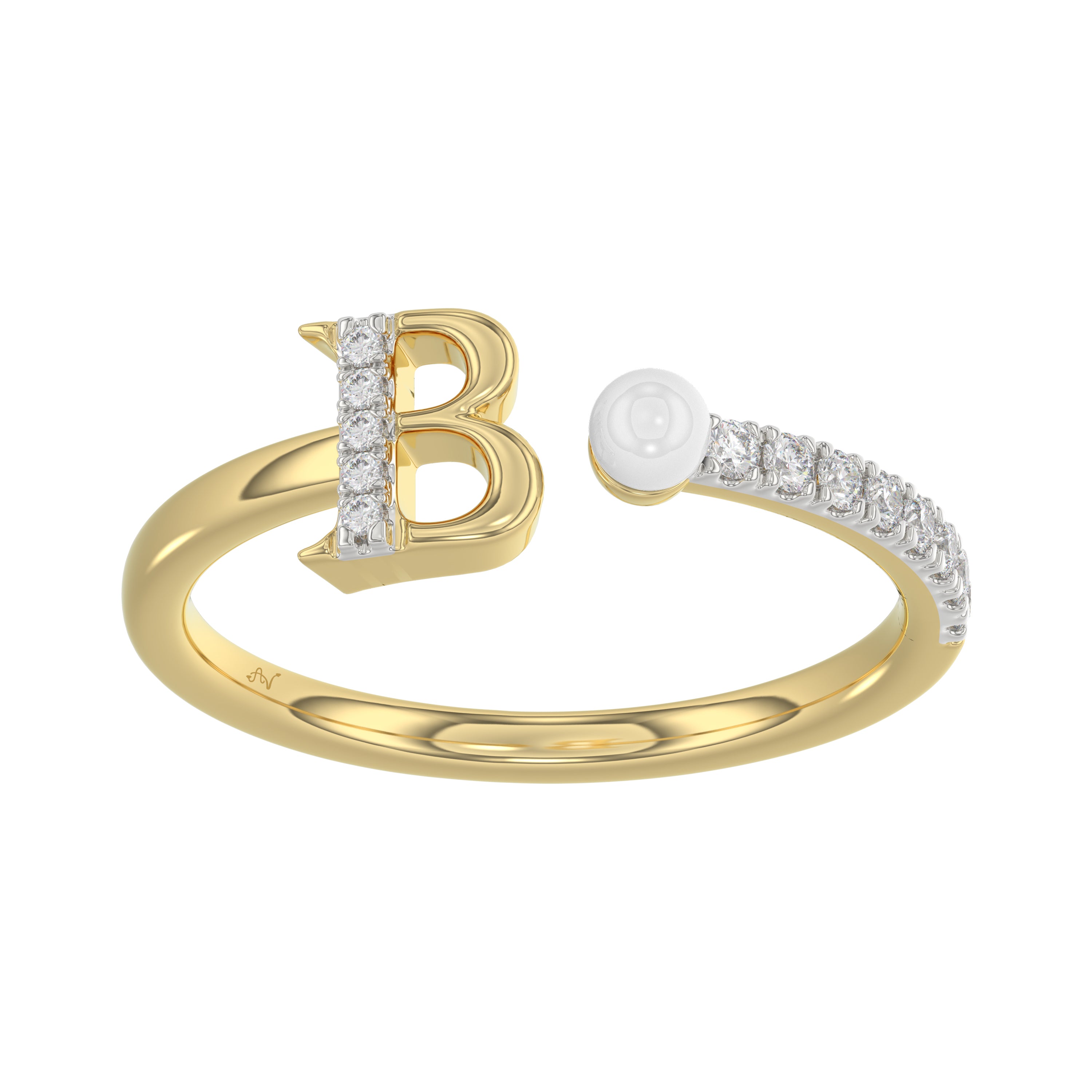 Stylish 10K Yellow Gold Ladies Ring Featuring Letter “B”, Luminous Pearl, And Round Diamond Accents. A Delicate 0.10Ct Fine Jewelry Piece.