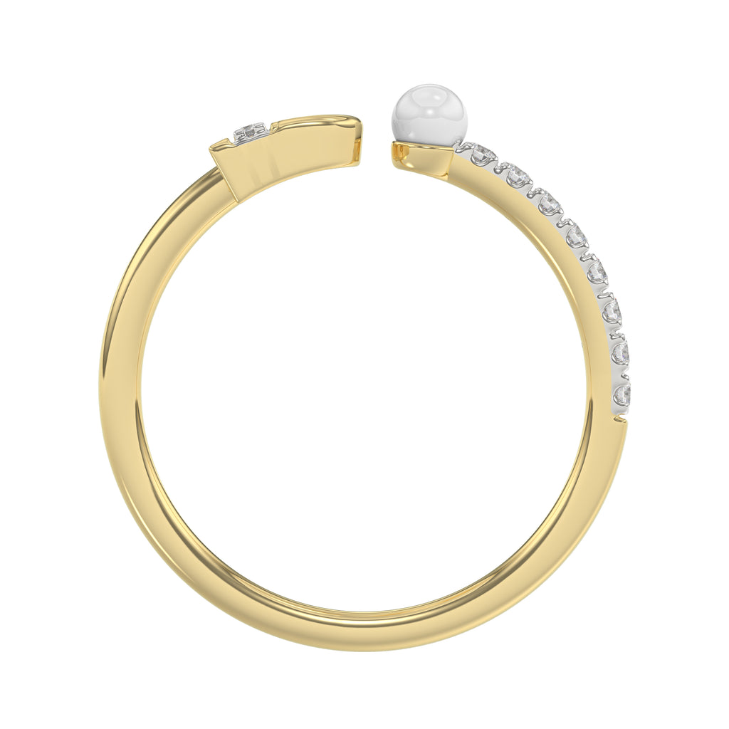 Stylish 10K Yellow Gold Ladies Ring Featuring Letter “B”, Luminous Pearl, And Round Diamond Accents. A Delicate 0.10Ct Fine Jewelry Piece.