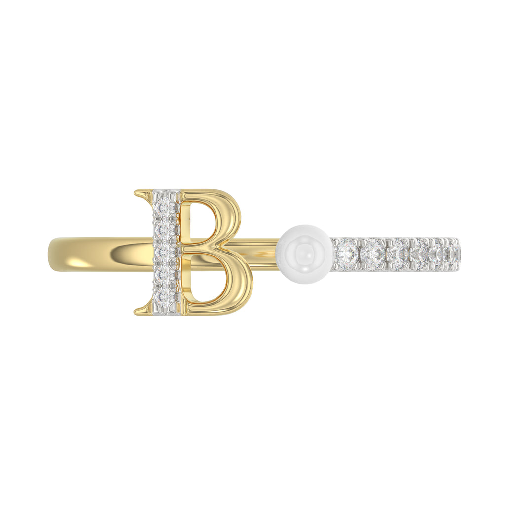 Stylish 10K Yellow Gold Ladies Ring Featuring Letter “B”, Luminous Pearl, And Round Diamond Accents. A Delicate 0.10Ct Fine Jewelry Piece.