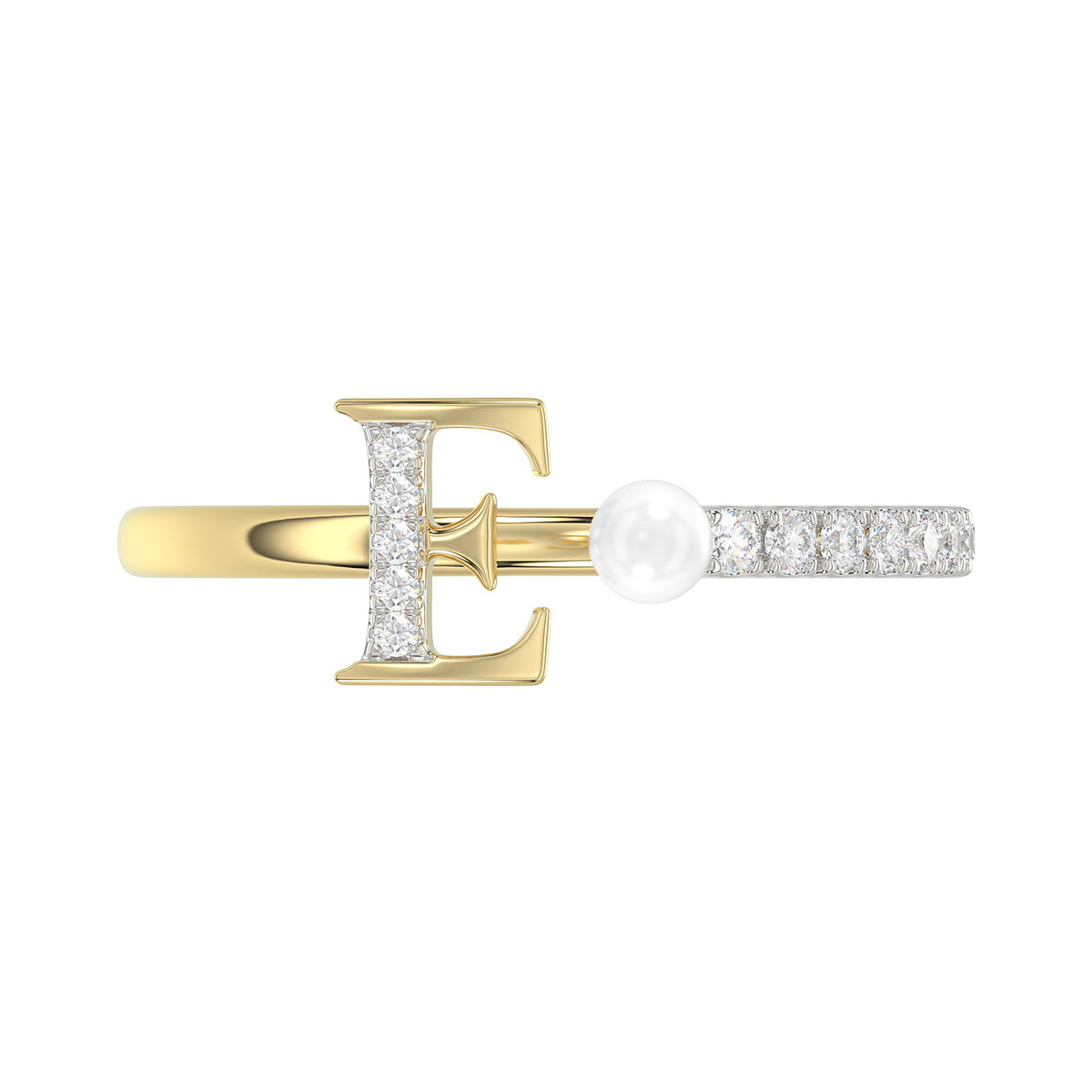 Women�S 10K Yellow Gold Letter �E� Diamond & Pearl Ring 0.10Ct Round Diamond Fine Jewelry