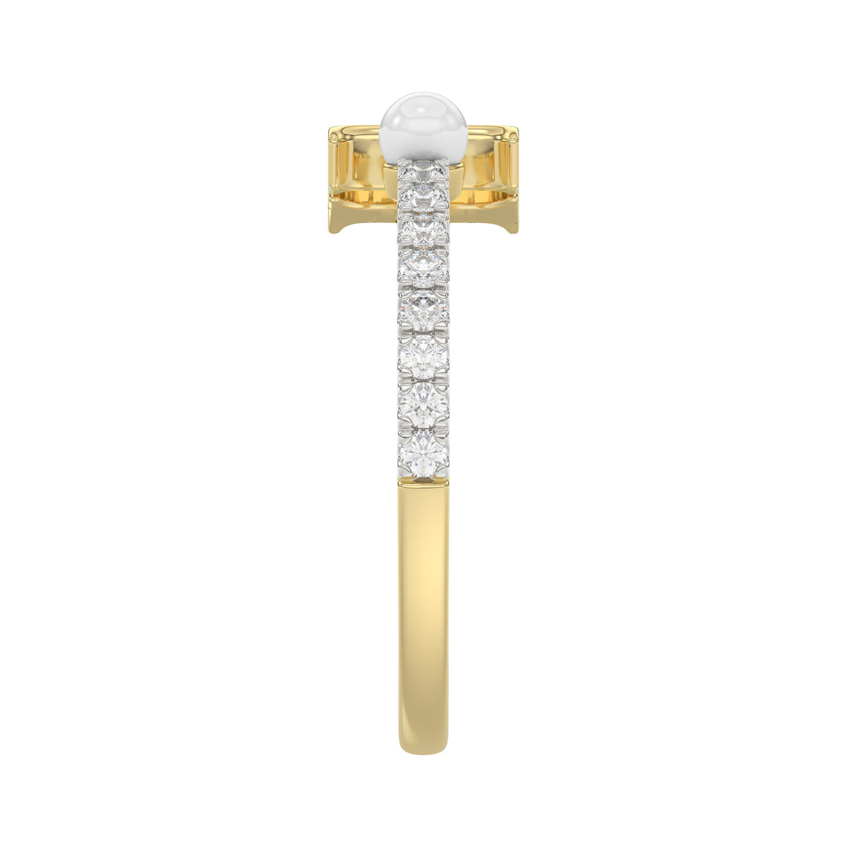 Stylish 10K Yellow Gold Ladies Ring Featuring Letter “H”, Luminous Pearl, And Round Diamond Accents. A Delicate 0.10Ct Fine Jewelry Piece.